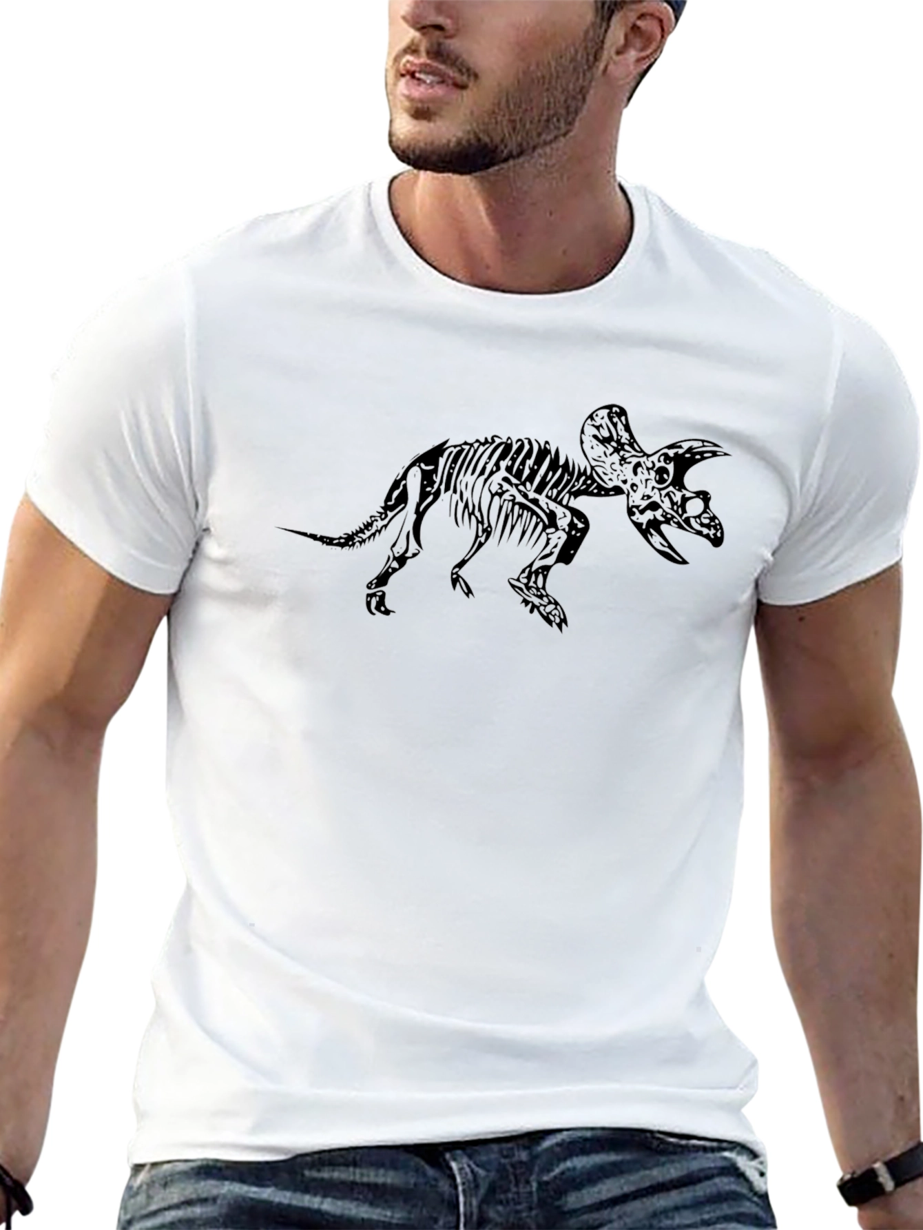 Black T-Shirt with Triceratops Skeleton Print