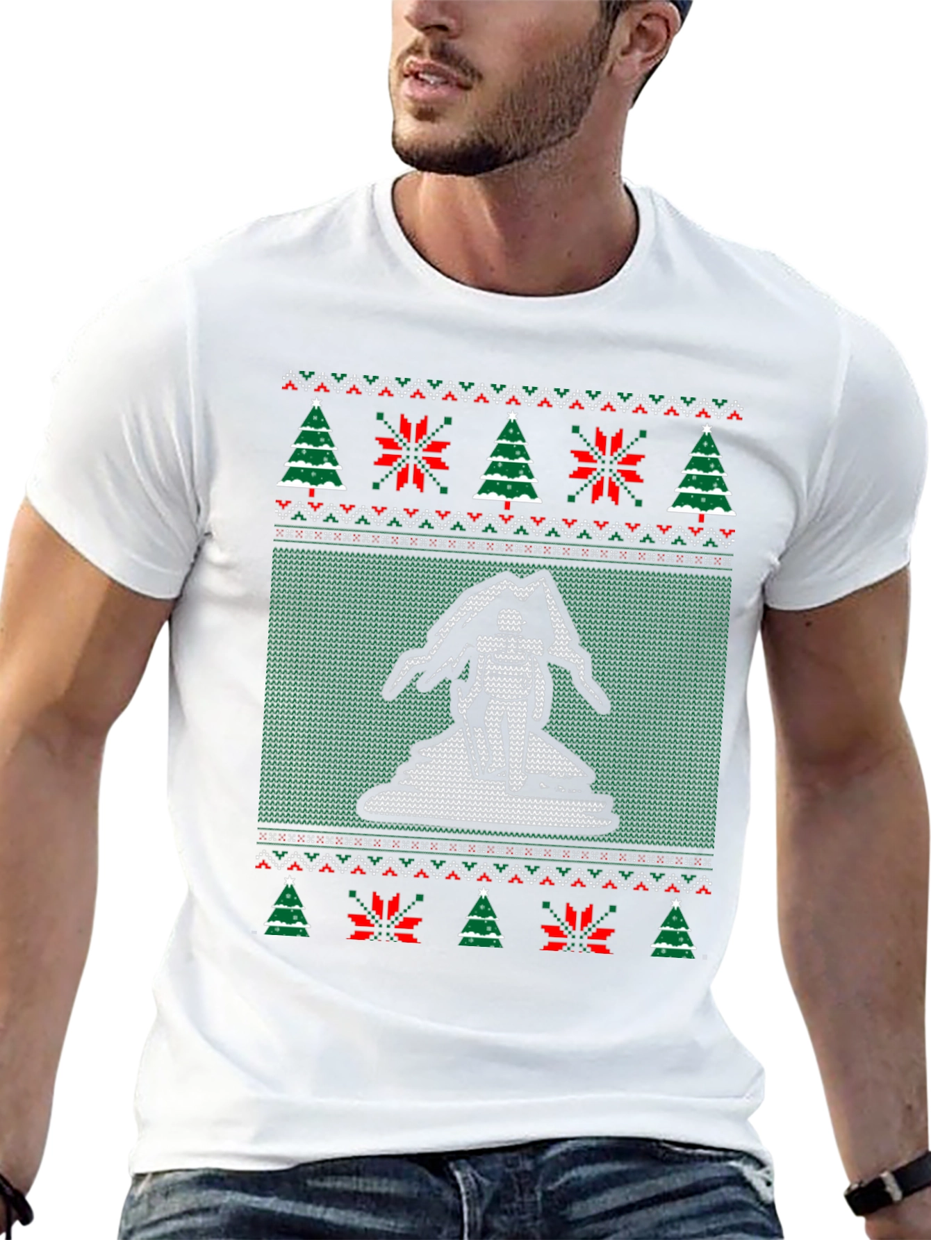 Novelty Christmas Bigfoot Sweater Pattern T-Shirt