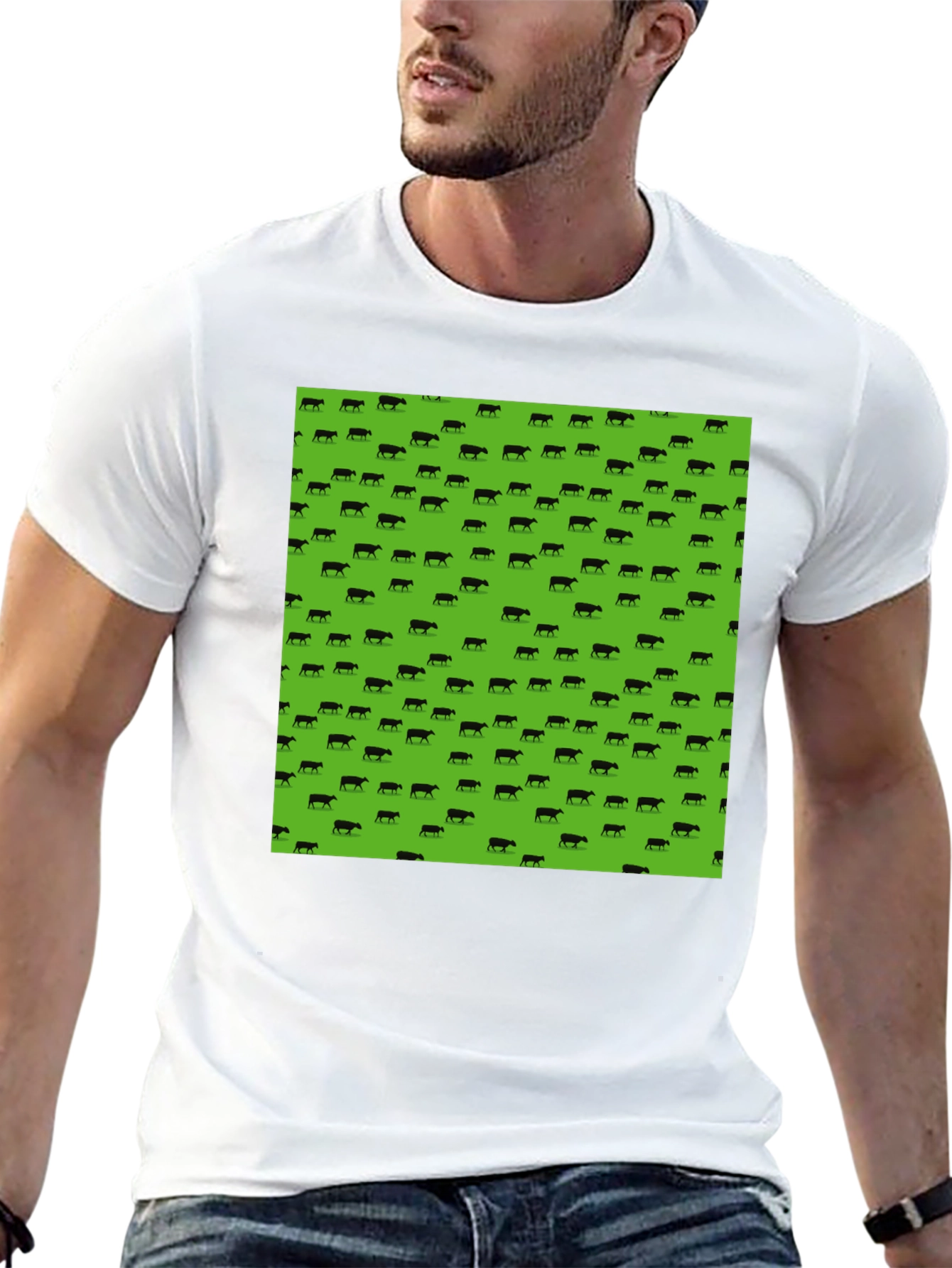 Black Tee with Green Cow Print
