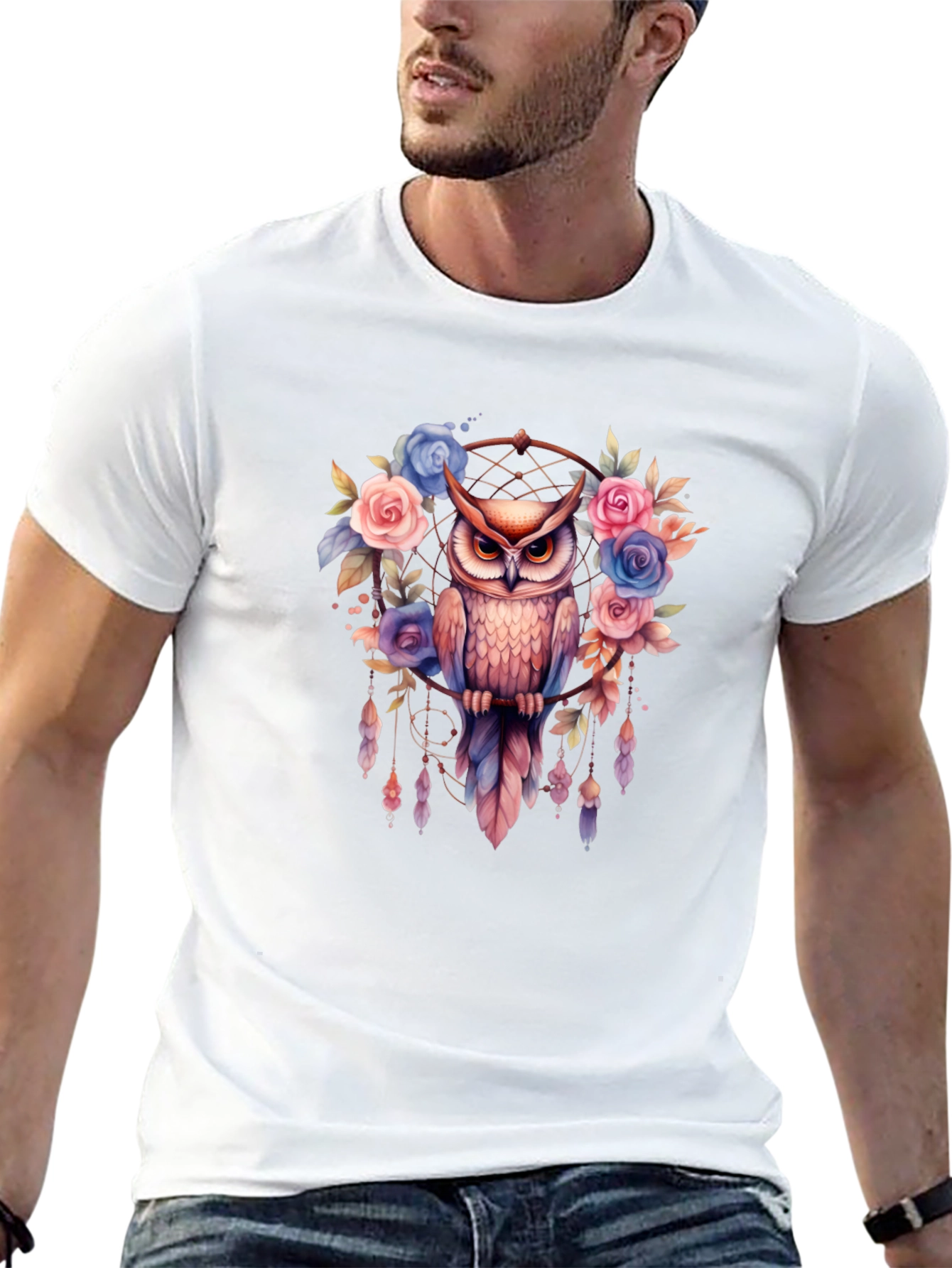 Owl Dreamcatcher Graphic Tee - Stylish Mens Black T-Shirt