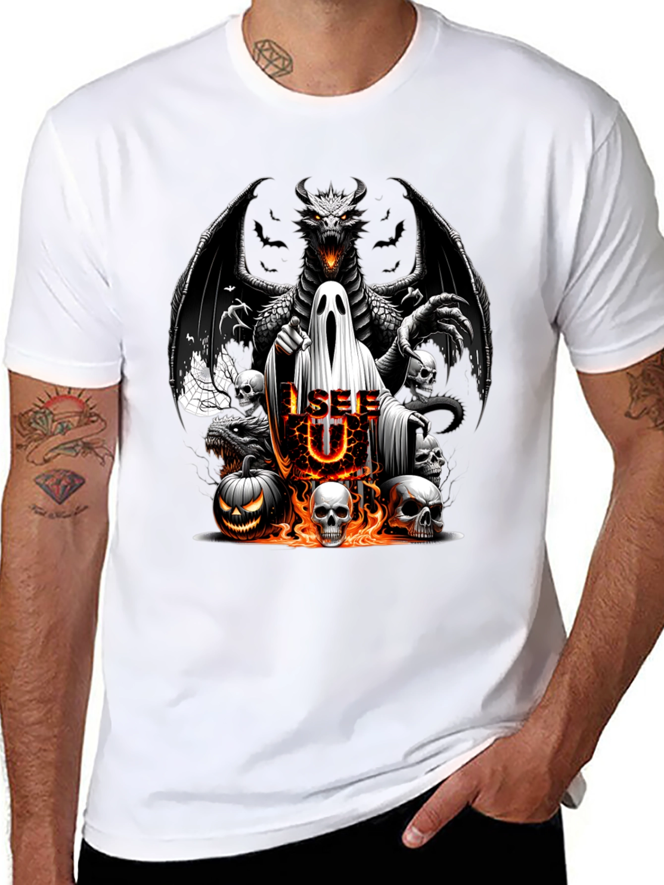 Halloween Dragon Ghost Skulls Graphic Tee