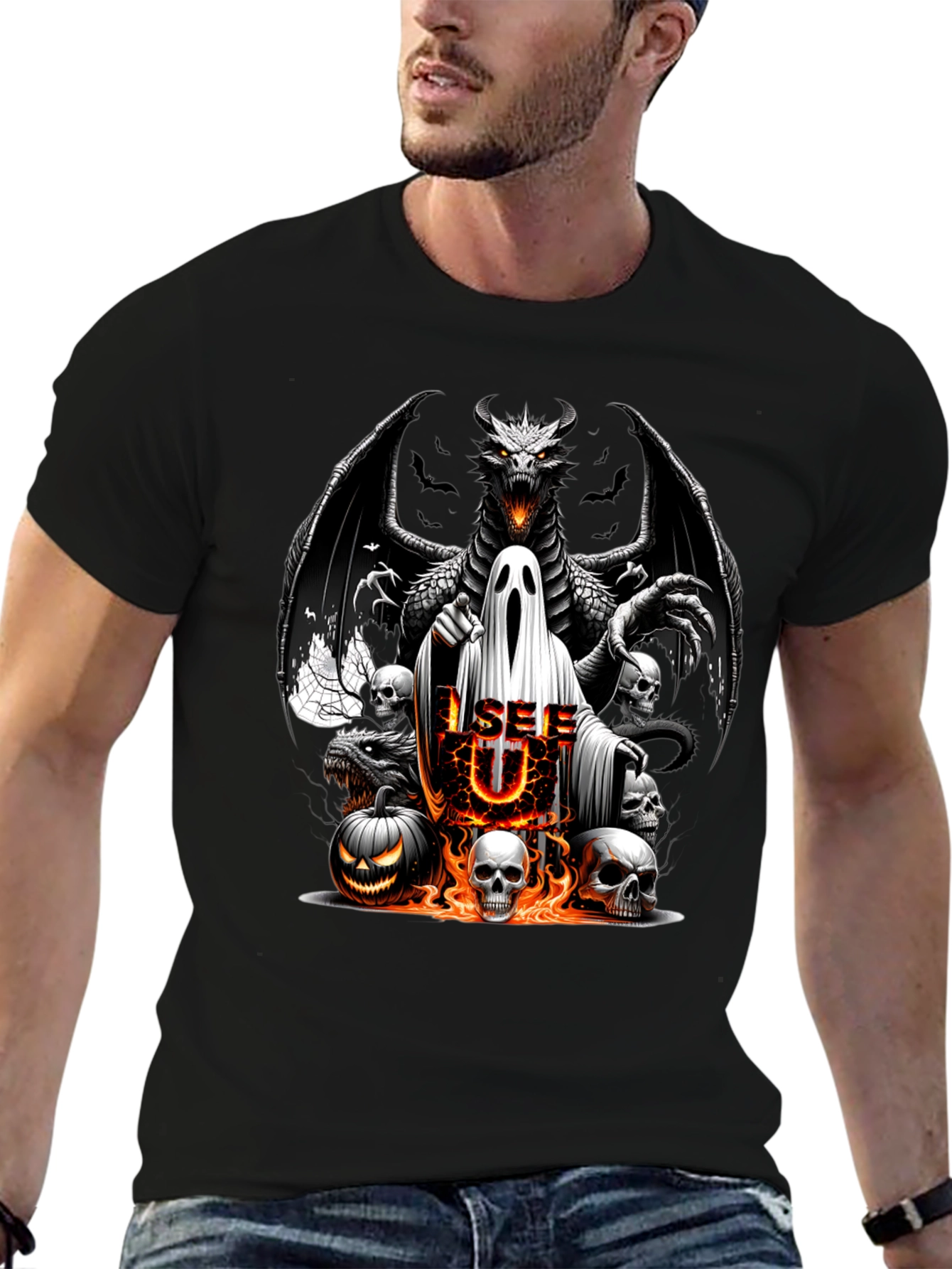 Halloween Dragon Ghost Skulls Graphic Tee