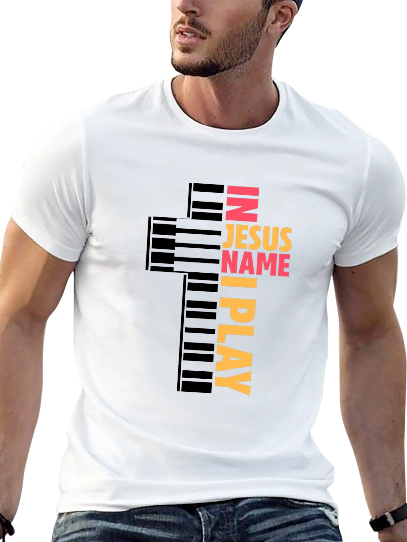 In Jesus Name I Play Piano Cross Graphic Tee