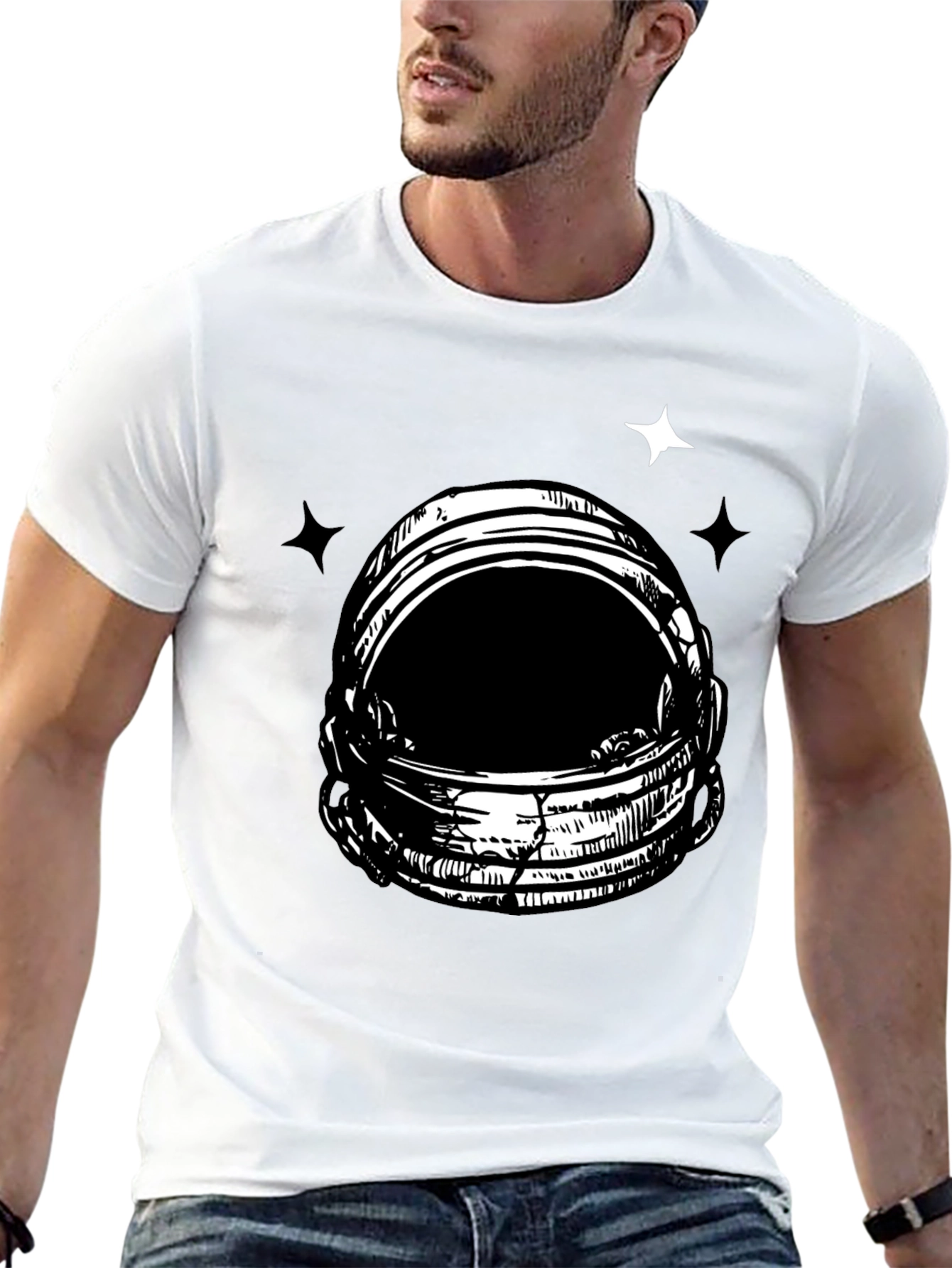 Astronaut Helmet Graphic Tee - Black Cotton