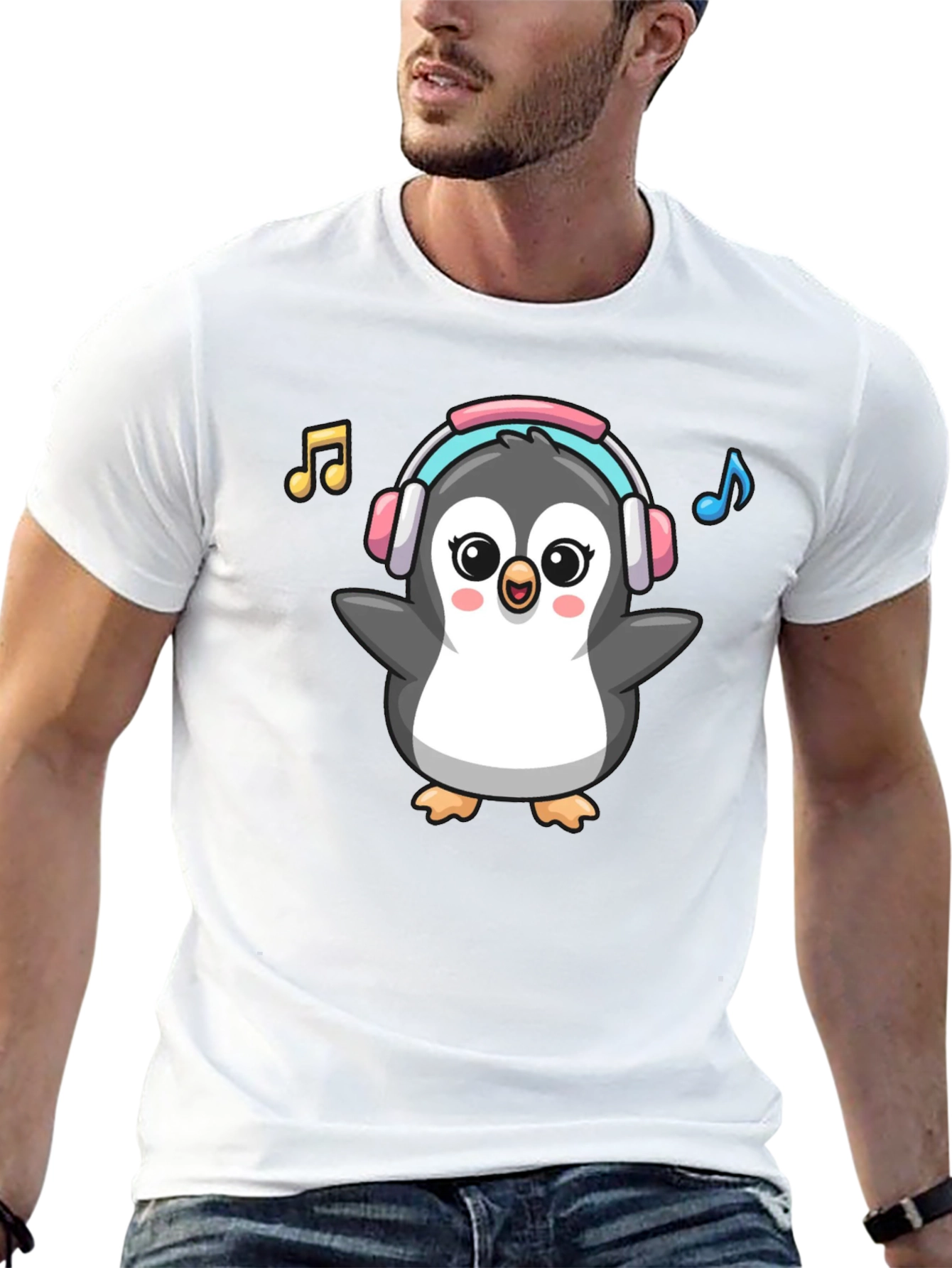 Cartoon Penguin Music Lover Graphic Tee