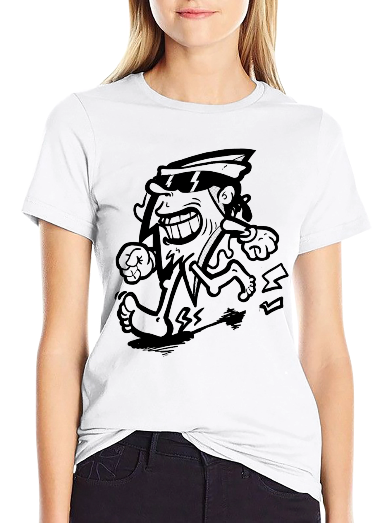 Cartoon Pizza Run Black T-Shirt