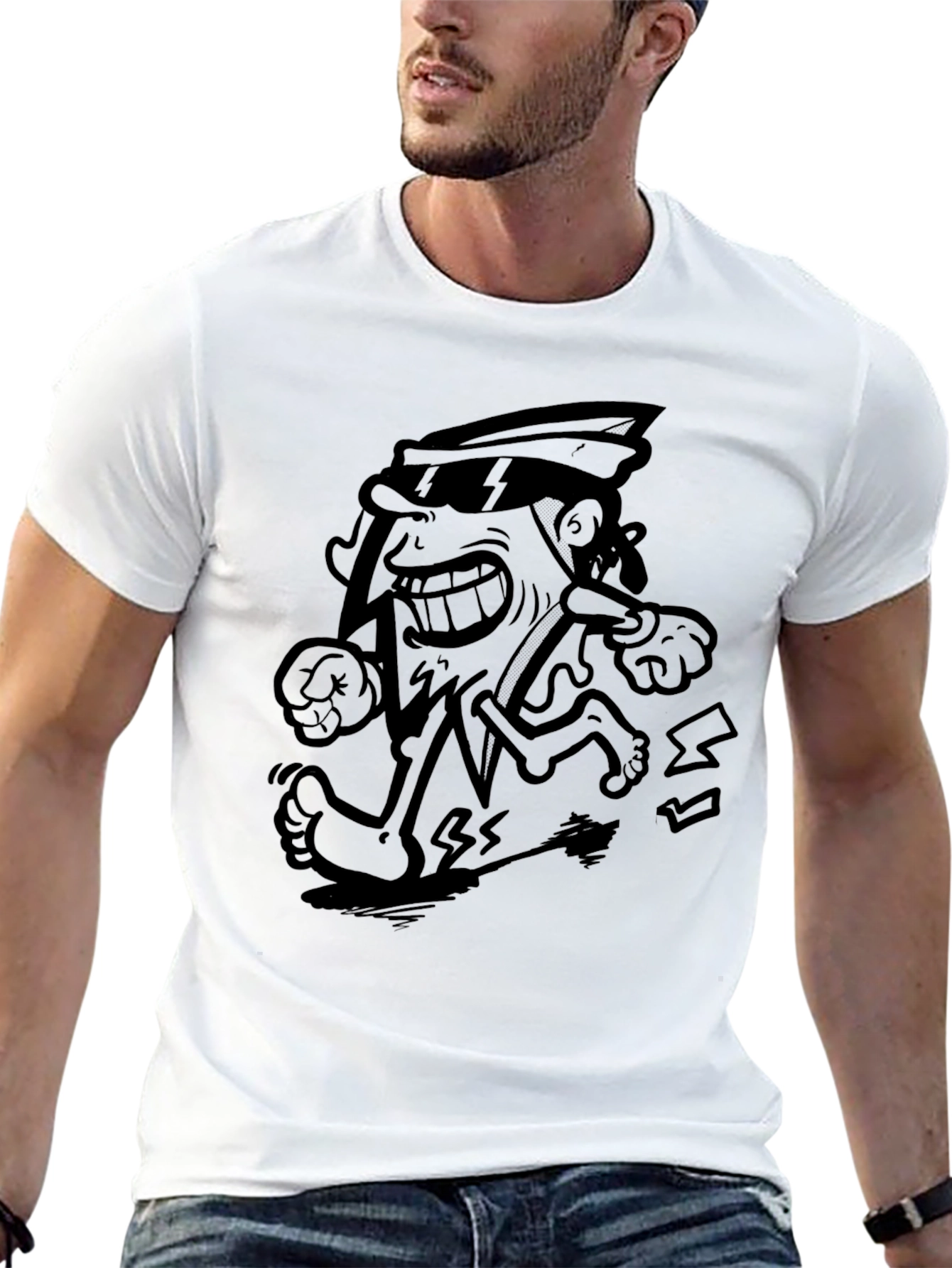 Cartoon Pizza Run Black T-Shirt
