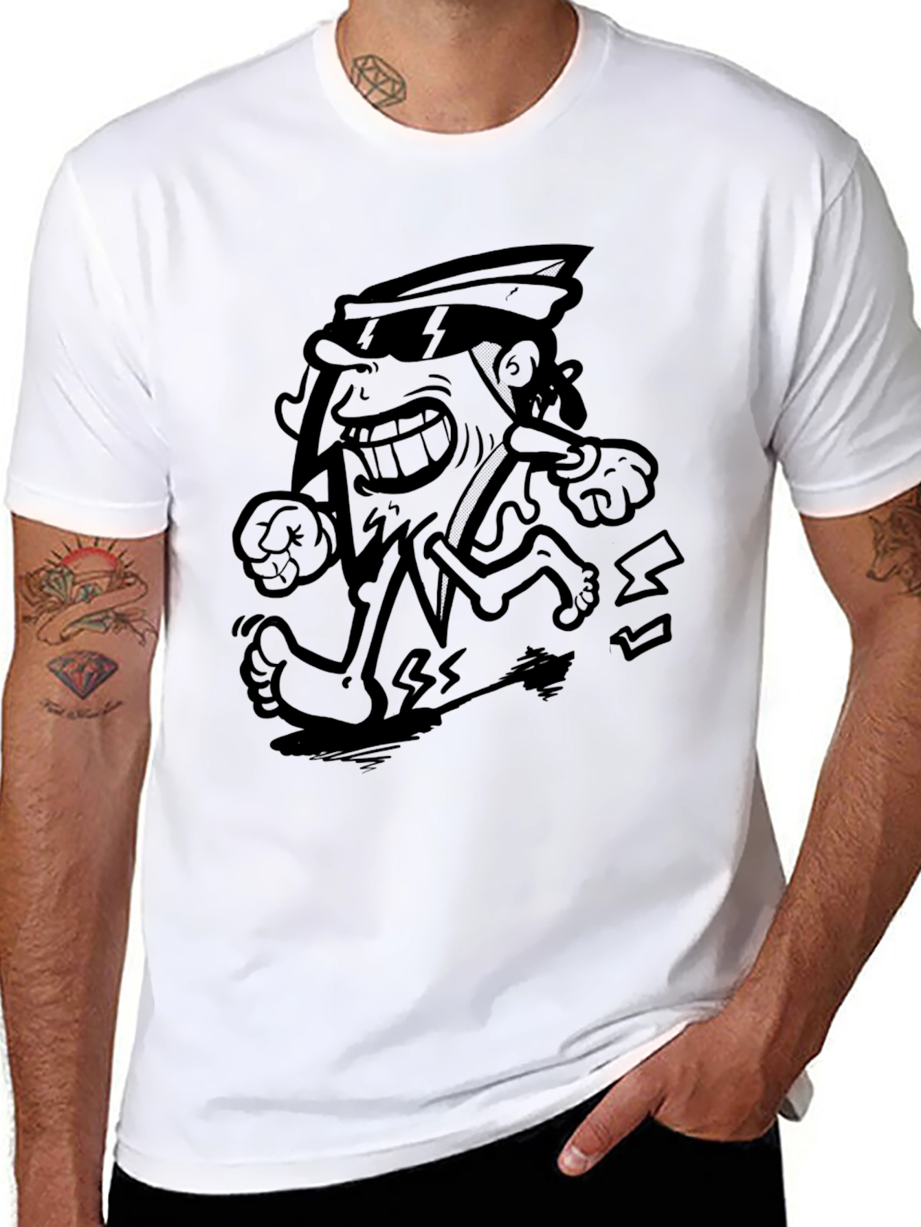 Cartoon Pizza Run Black T-Shirt