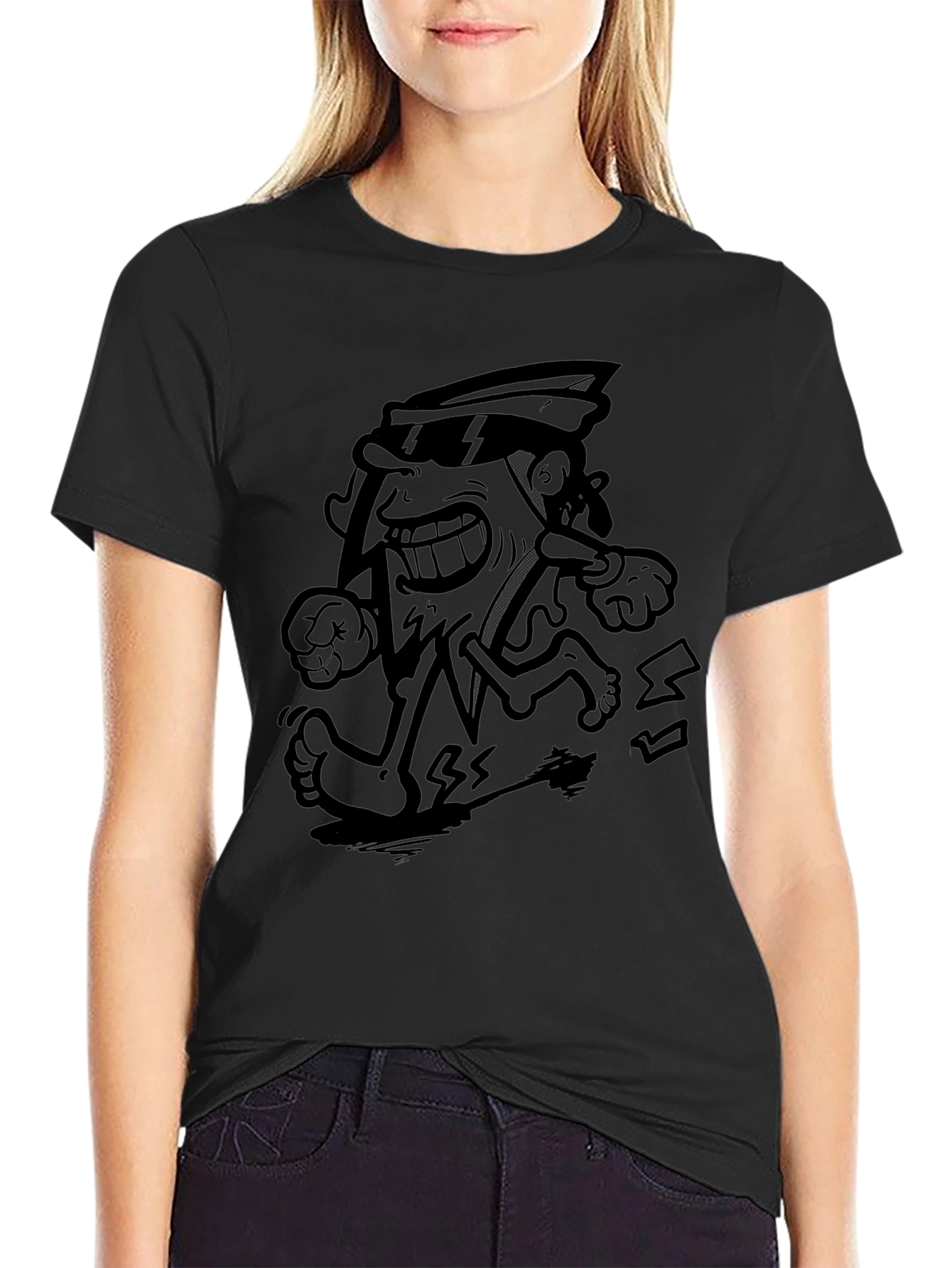 Cartoon Pizza Run Black T-Shirt