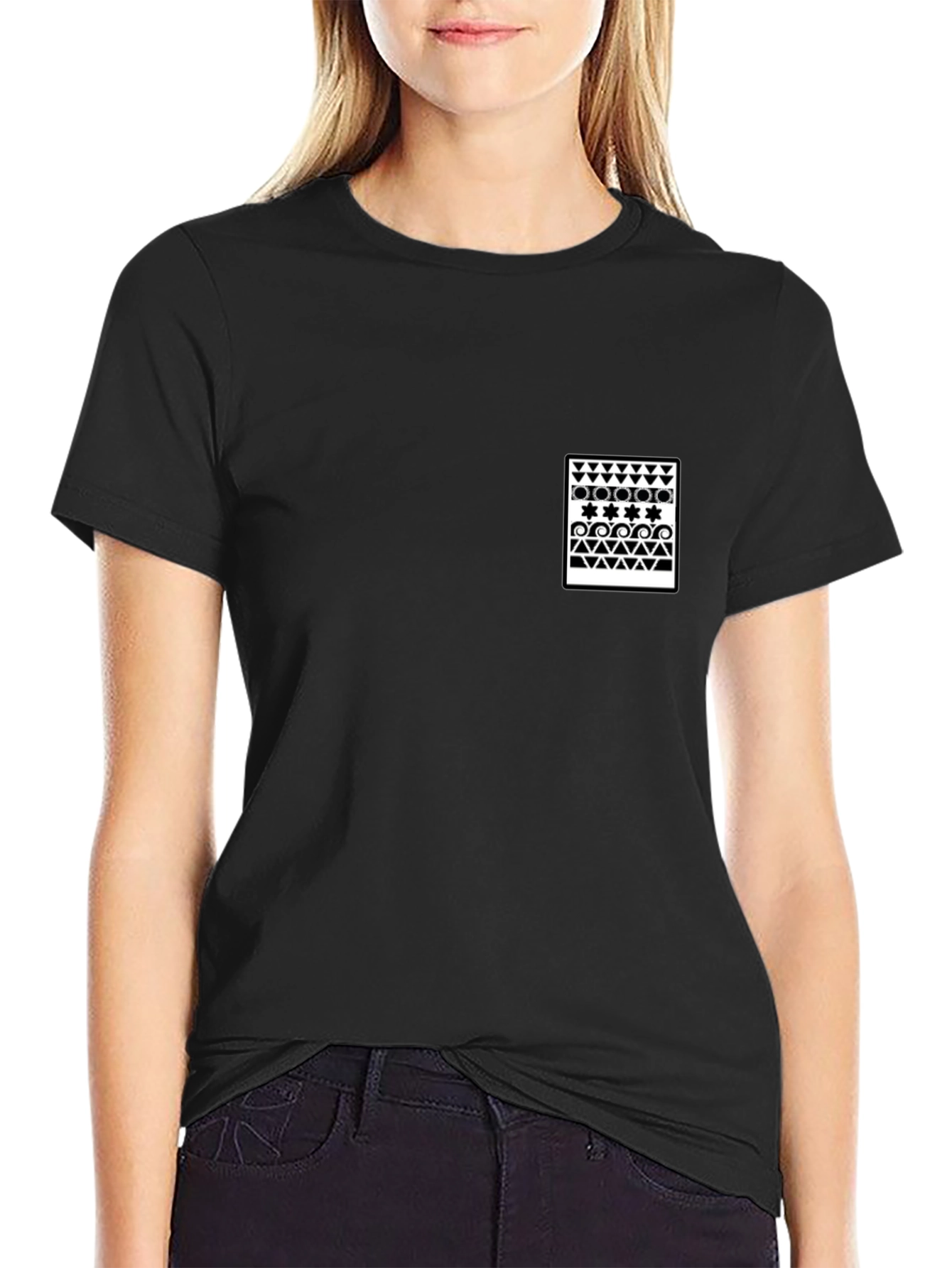 Black T-Shirt with Geometric Print Pocket