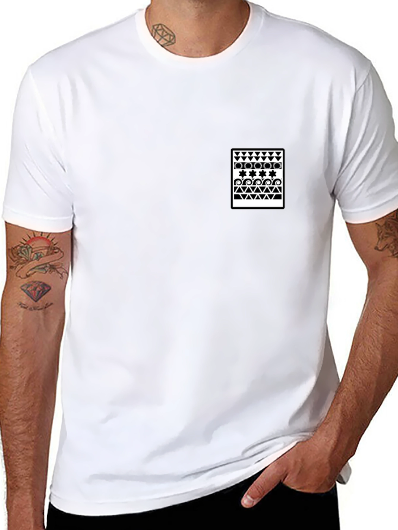 Black T-Shirt with Geometric Print Pocket