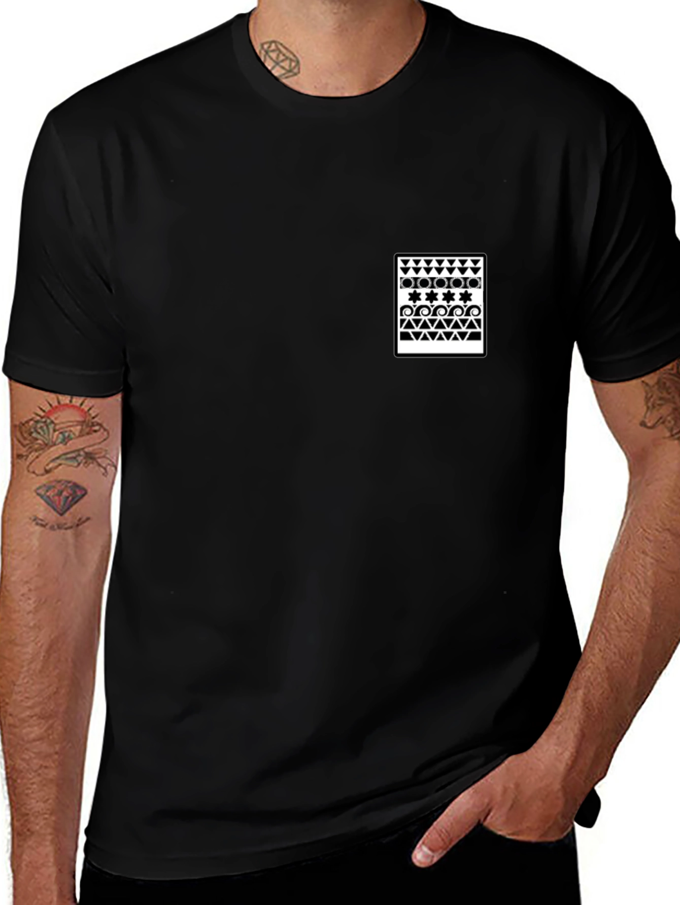 Black T-Shirt with Geometric Print Pocket