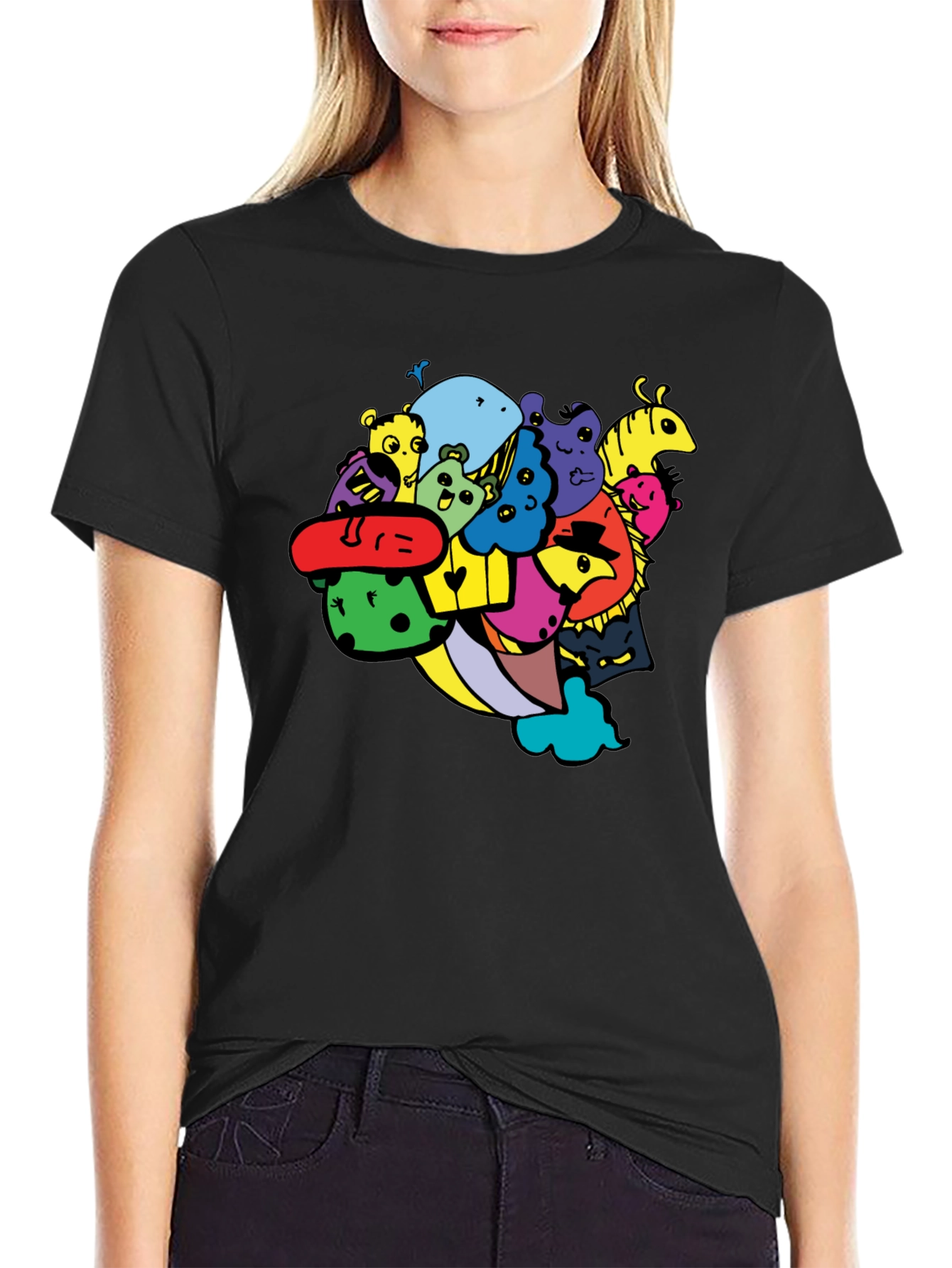 Fun Cartoon Doodle Graphic Black T-Shirt