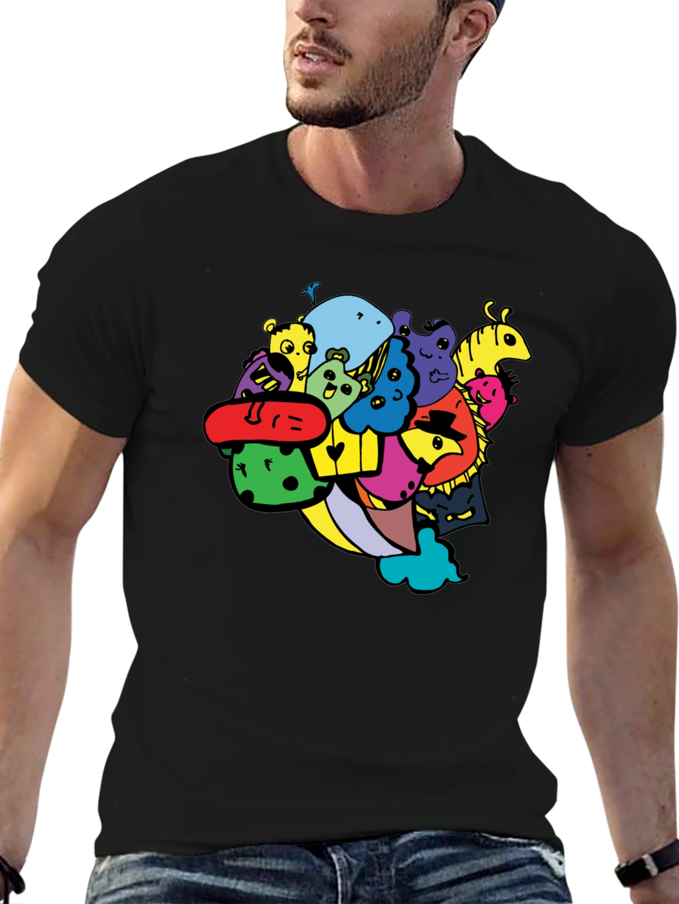Fun Cartoon Doodle Graphic Black T-Shirt
