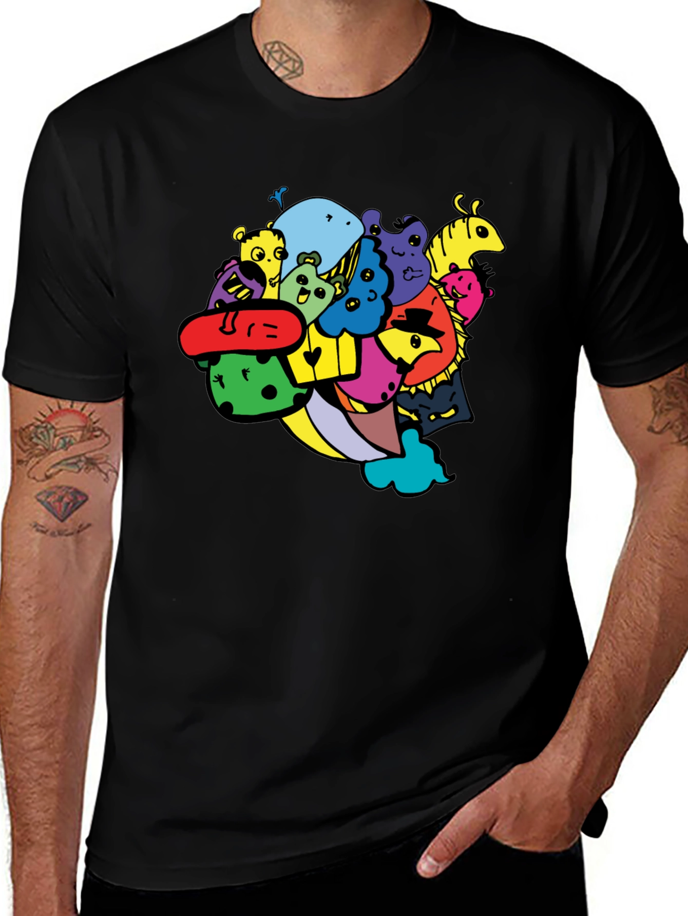 Fun Cartoon Doodle Graphic Black T-Shirt