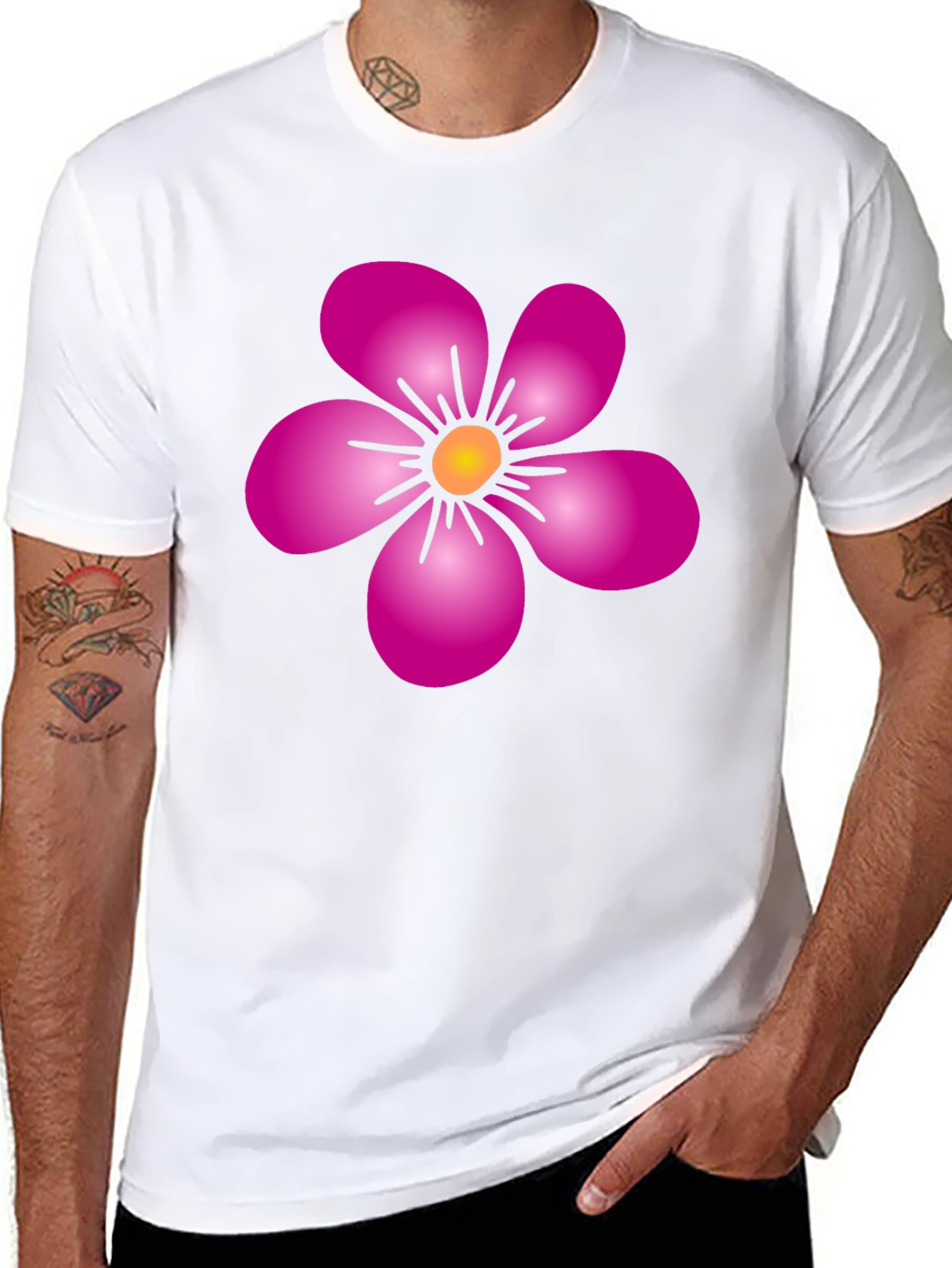 Pink Flower Graphic Black T-Shirt