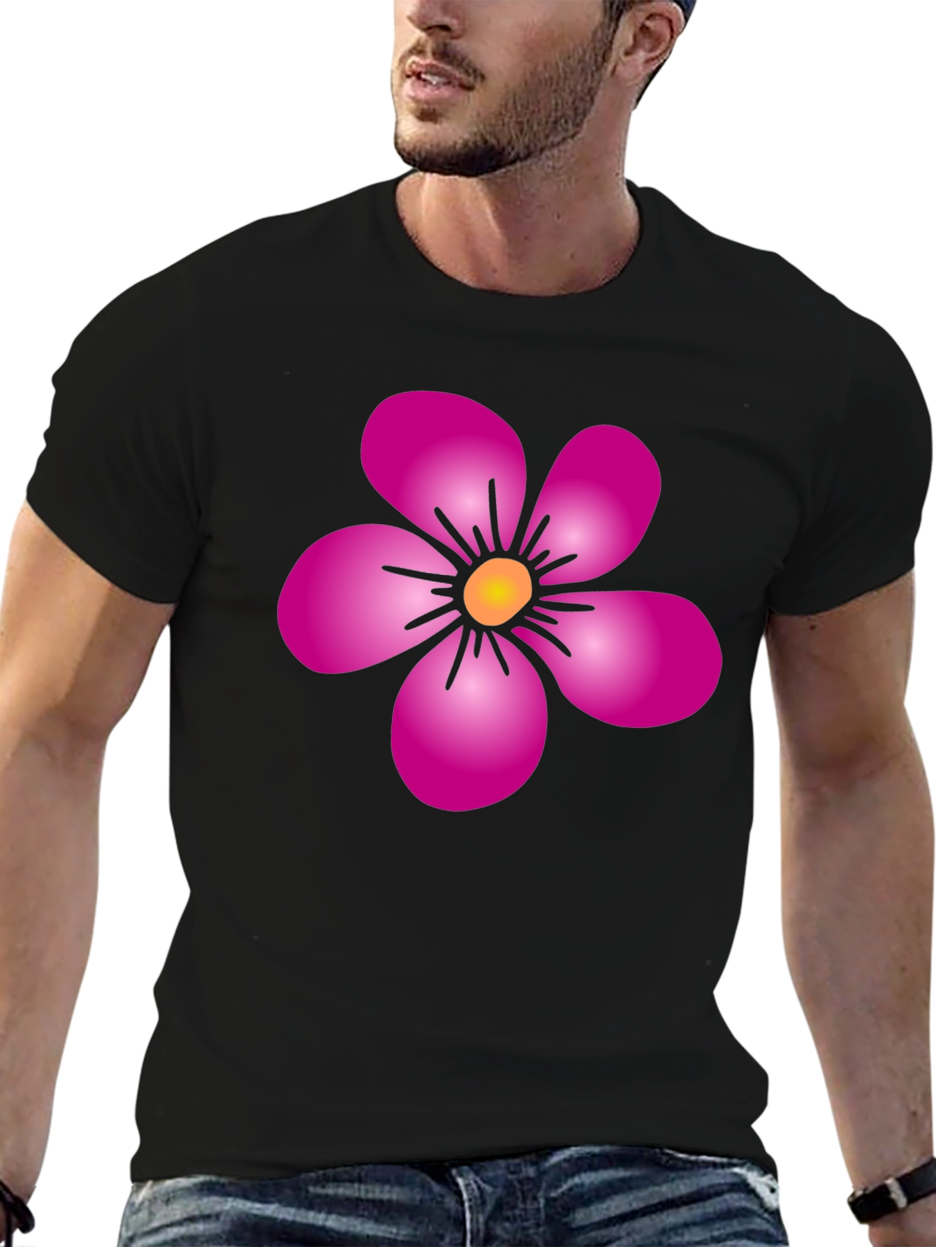 Pink Flower Graphic Black T-Shirt