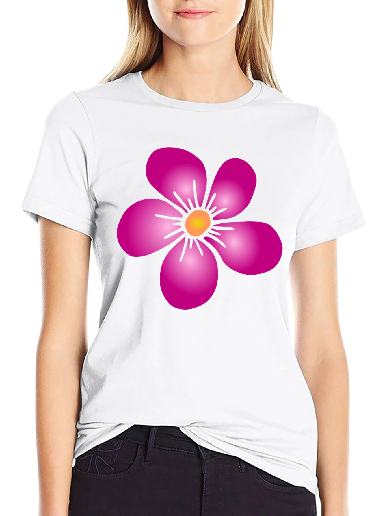 Pink Flower Graphic Black T-Shirt