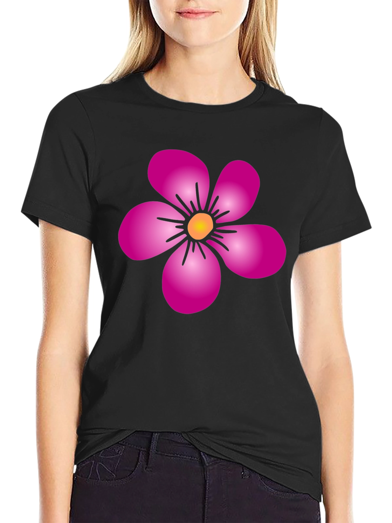 Pink Flower Graphic Black T-Shirt