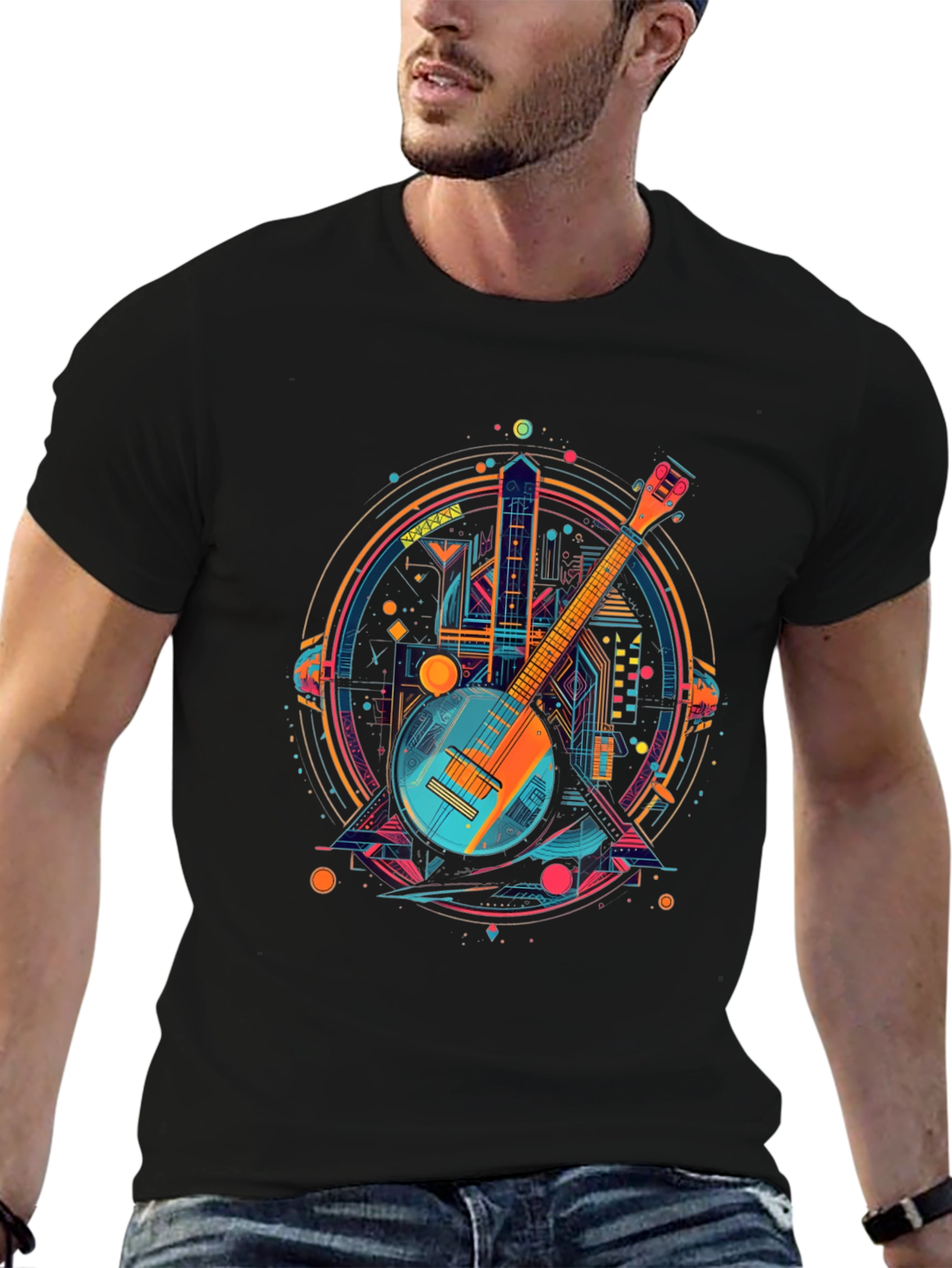 Banjo Cityscape Graphic Tee - Retro Music Shirt