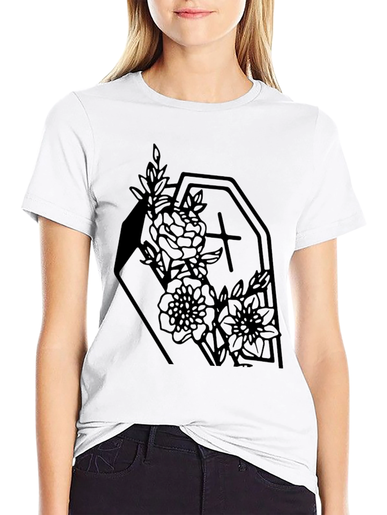 Gothic Floral Coffin Graphic Tee - Black