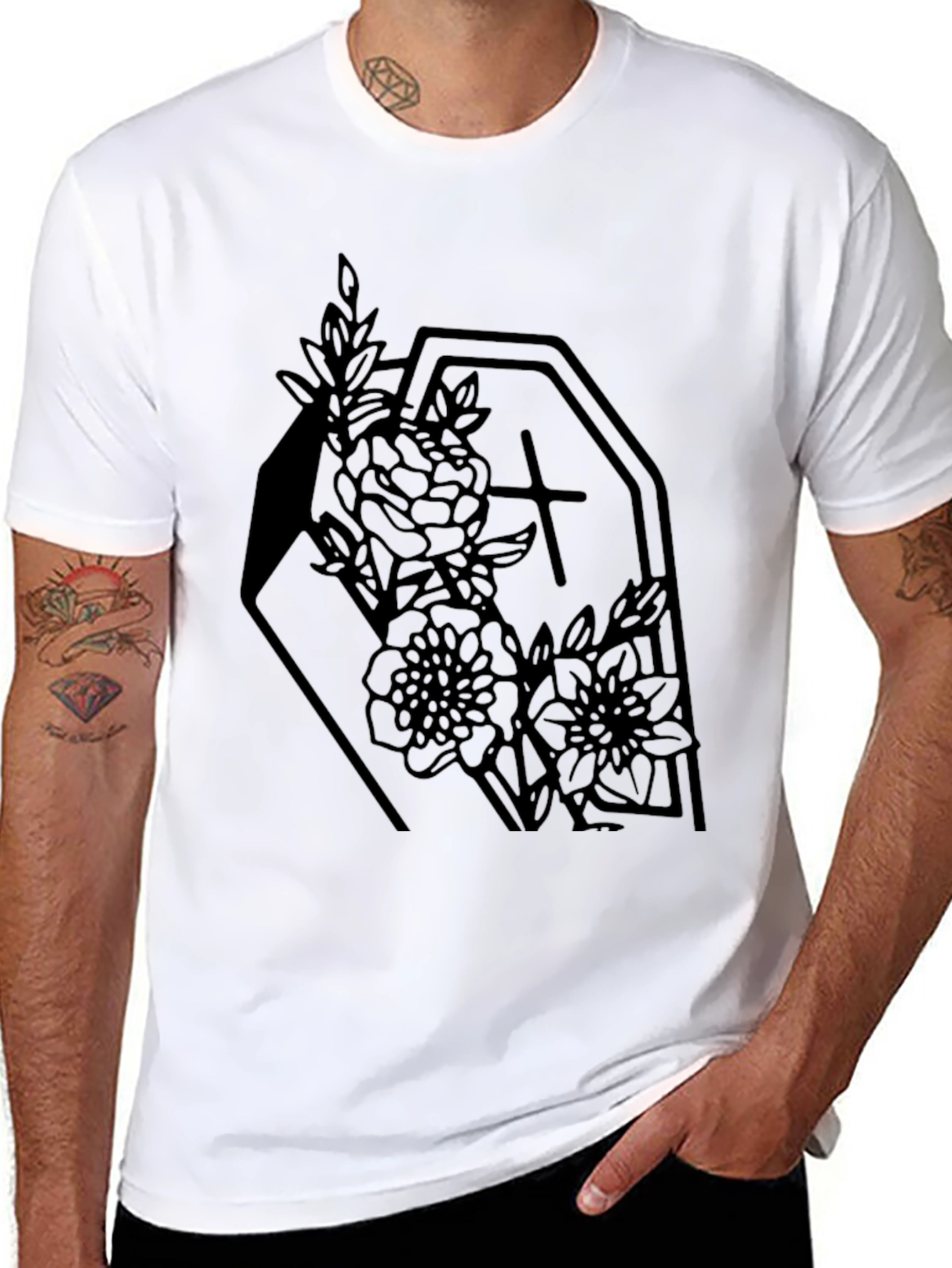 Gothic Floral Coffin Graphic Tee - Black