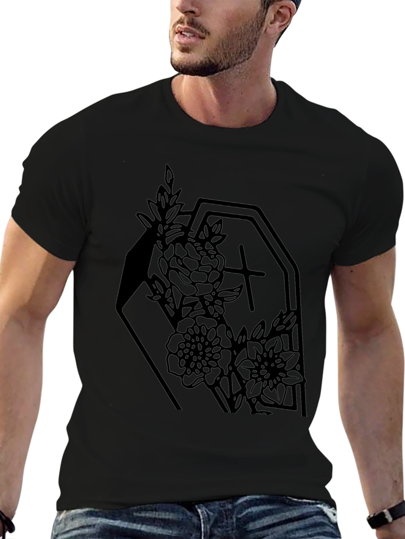 Gothic Floral Coffin Graphic Tee - Black