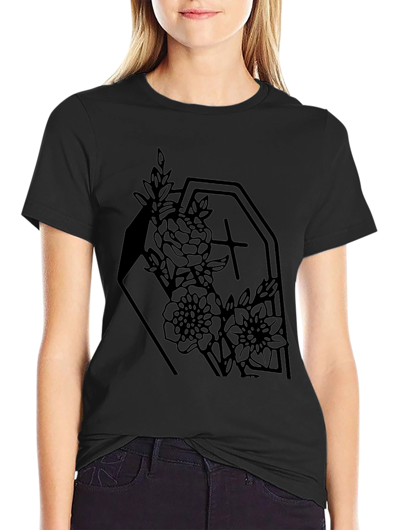 Gothic Floral Coffin Graphic Tee - Black