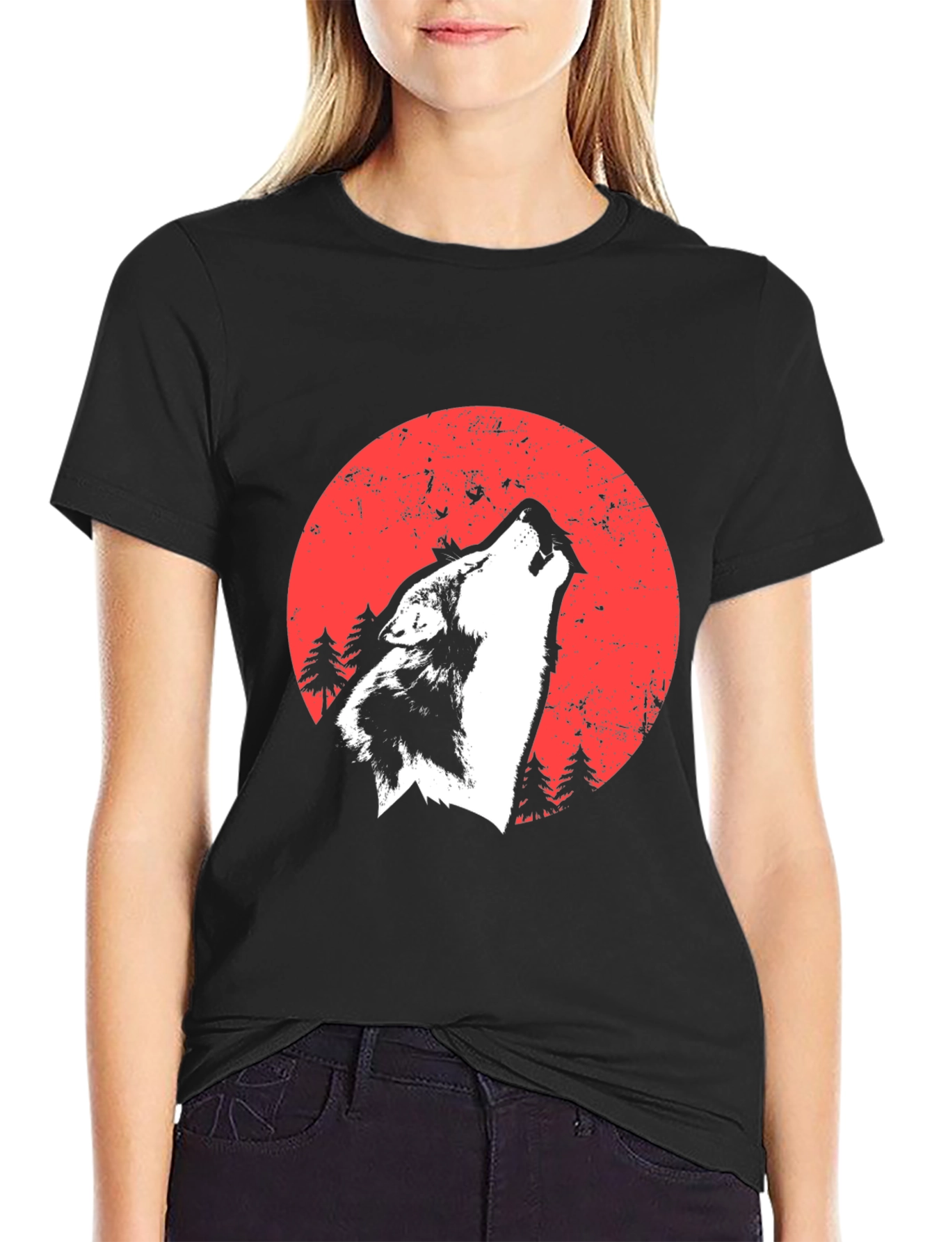 Wolf Howling Moon Graphic Tee - Black Cotton Blend