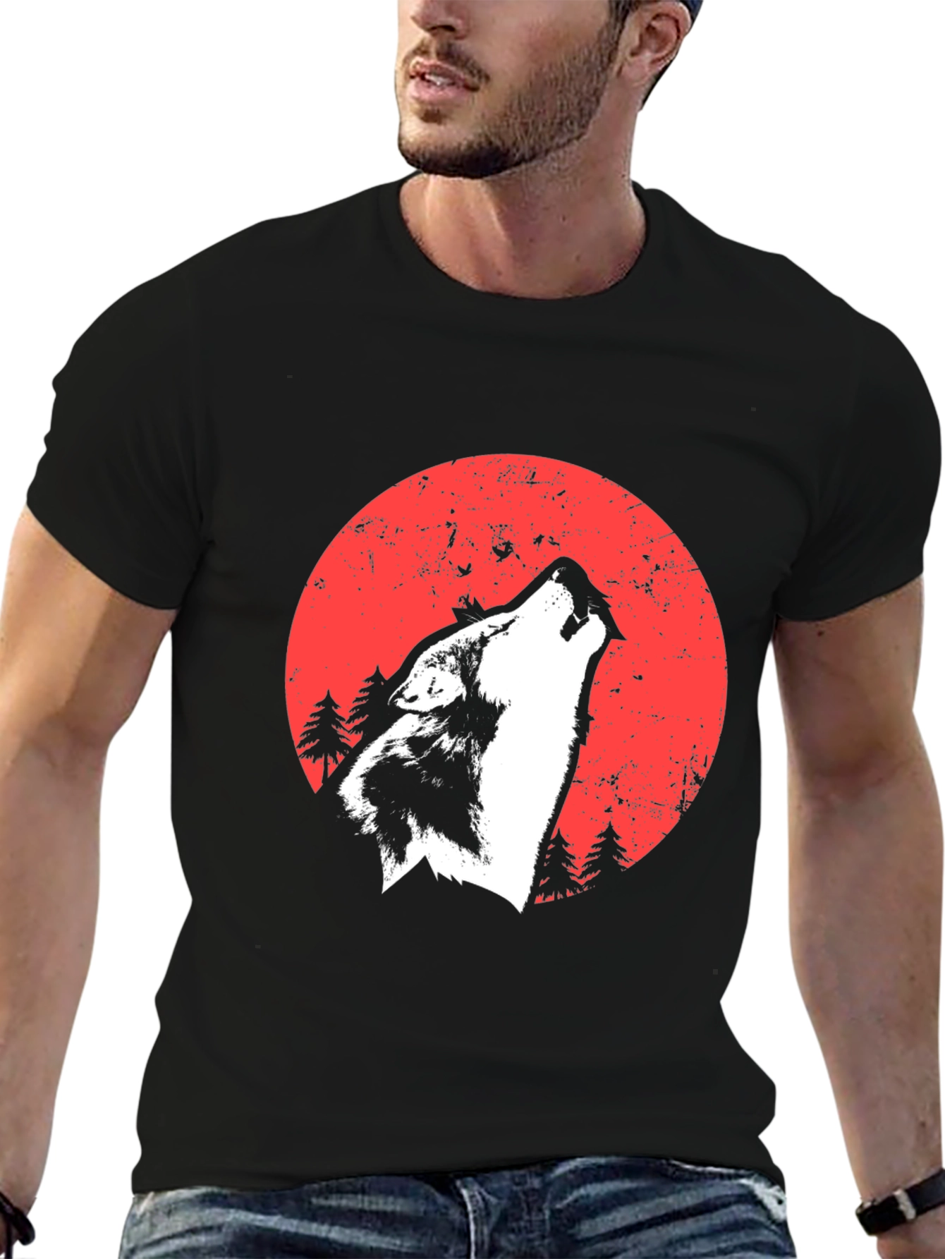 Wolf Howling Moon Graphic Tee - Black Cotton Blend