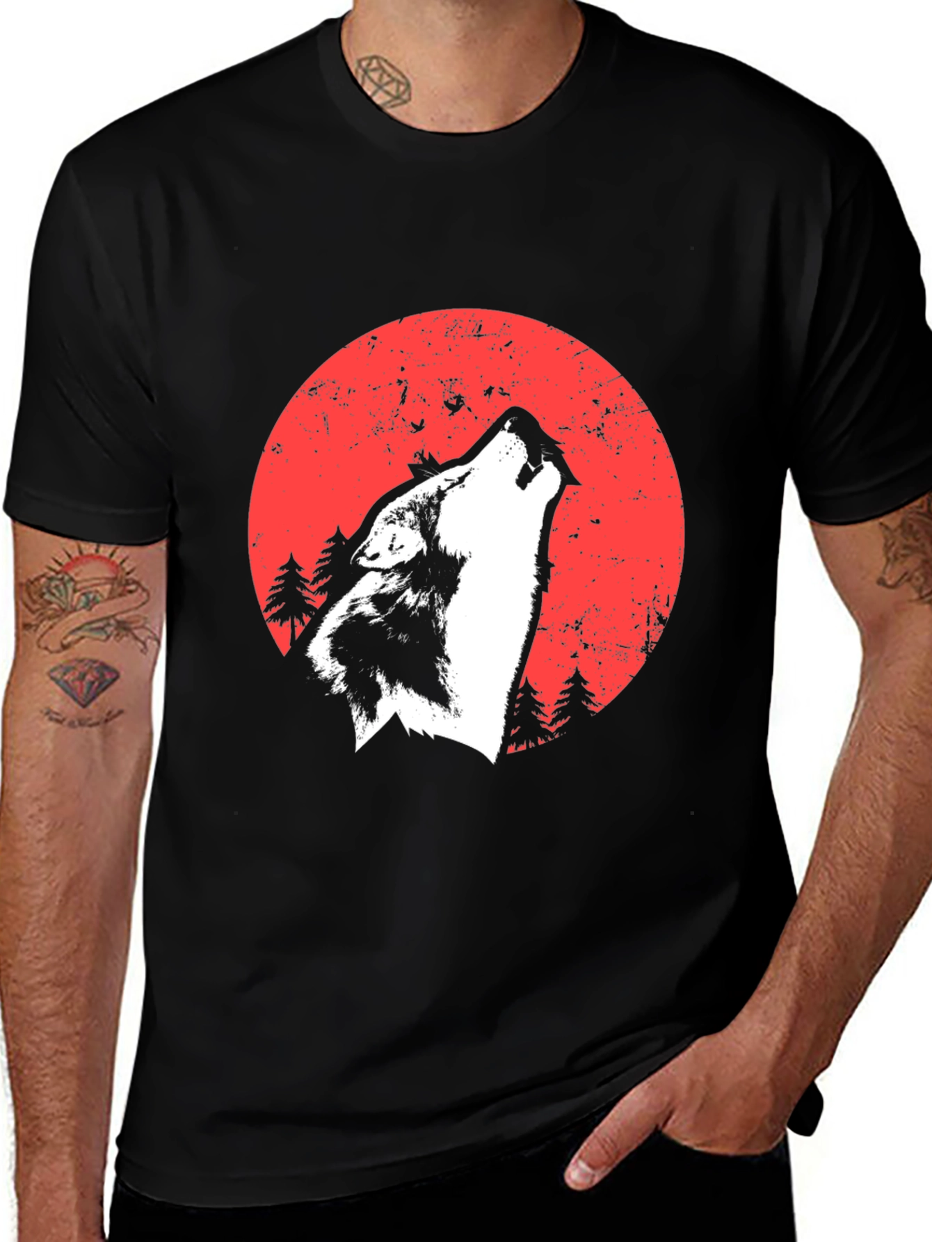 Wolf Howling Moon Graphic Tee - Black Cotton Blend