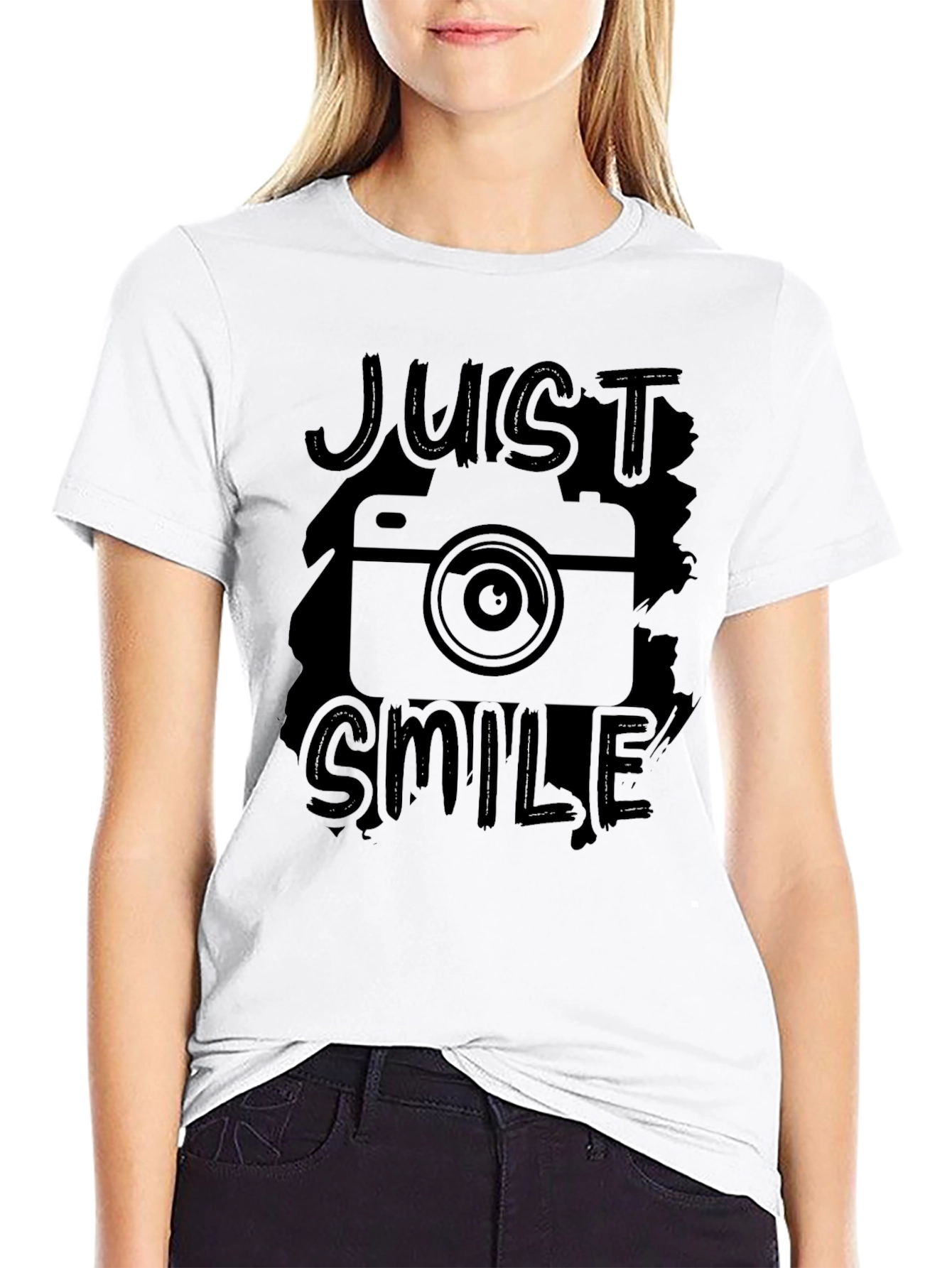 Just Smile Camera Graphic Print Black T-Shirt