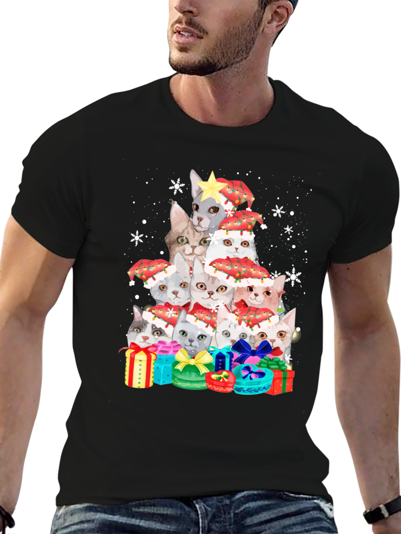 Festive Cat Christmas Tree Graphic Tee