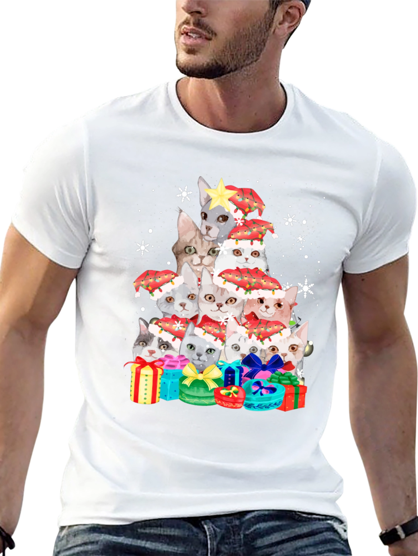 Festive Cat Christmas Tree Graphic Tee