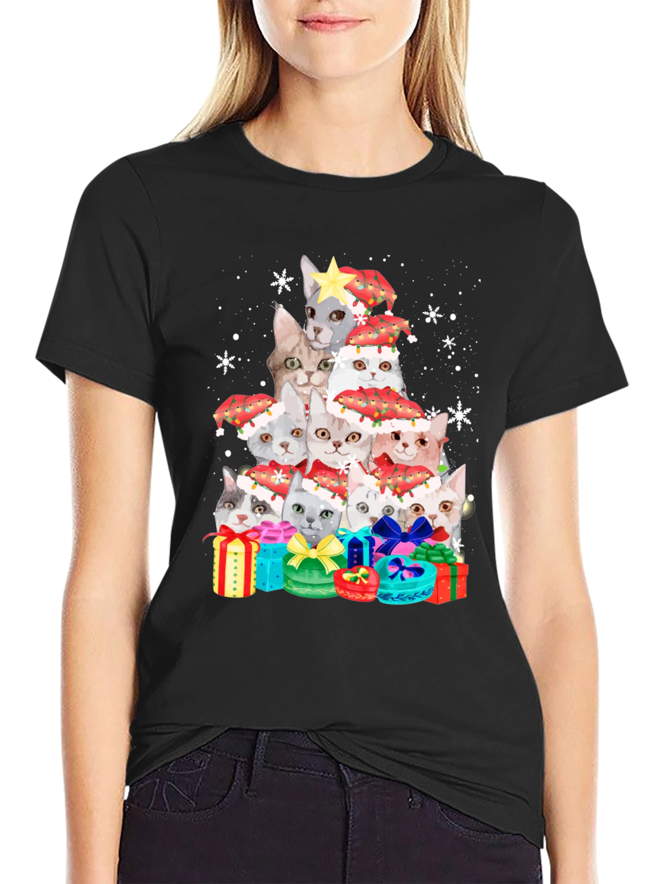 Festive Cat Christmas Tree Graphic Tee