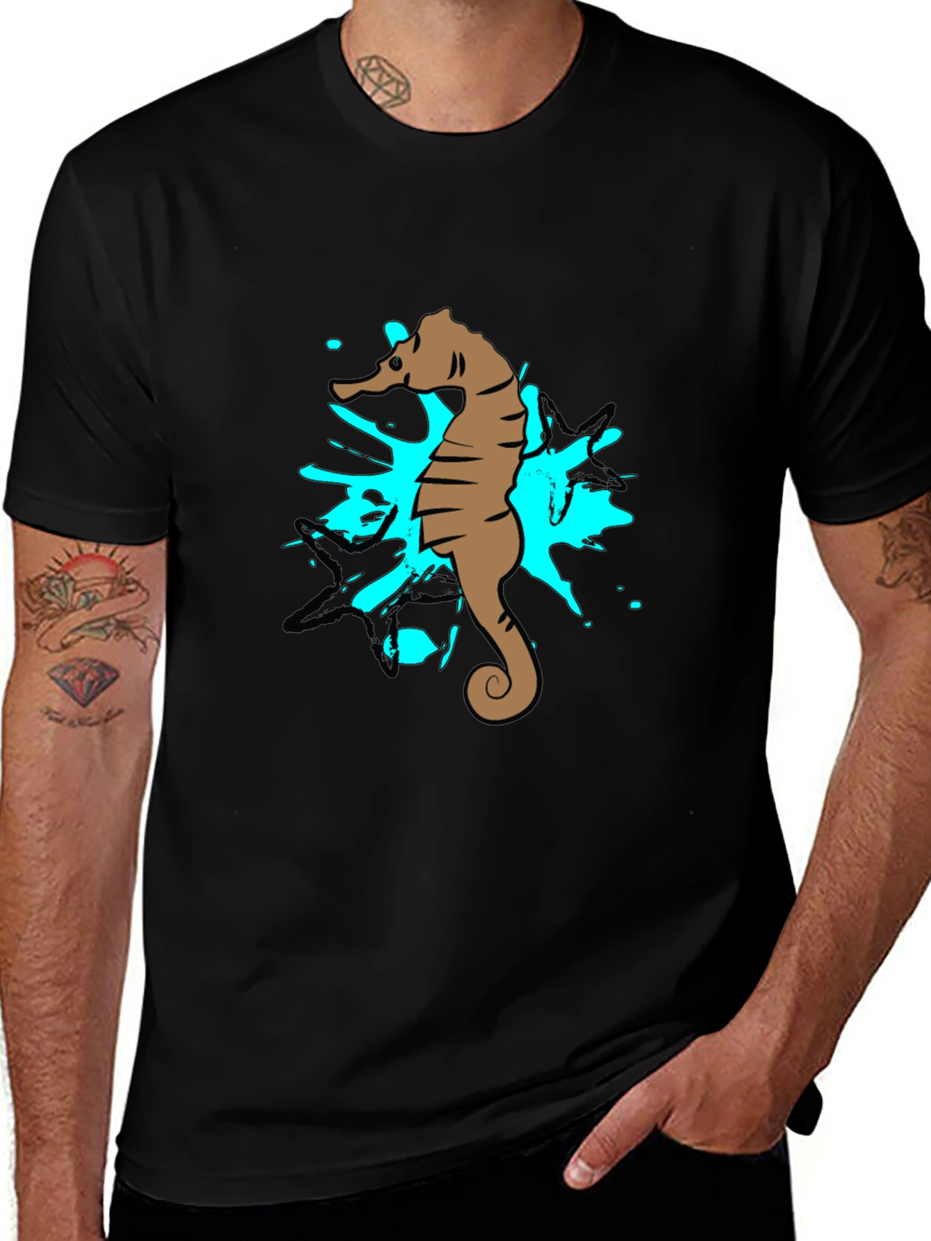 Seahorse Splash Graphic T-Shirt - Black Cotton Tee