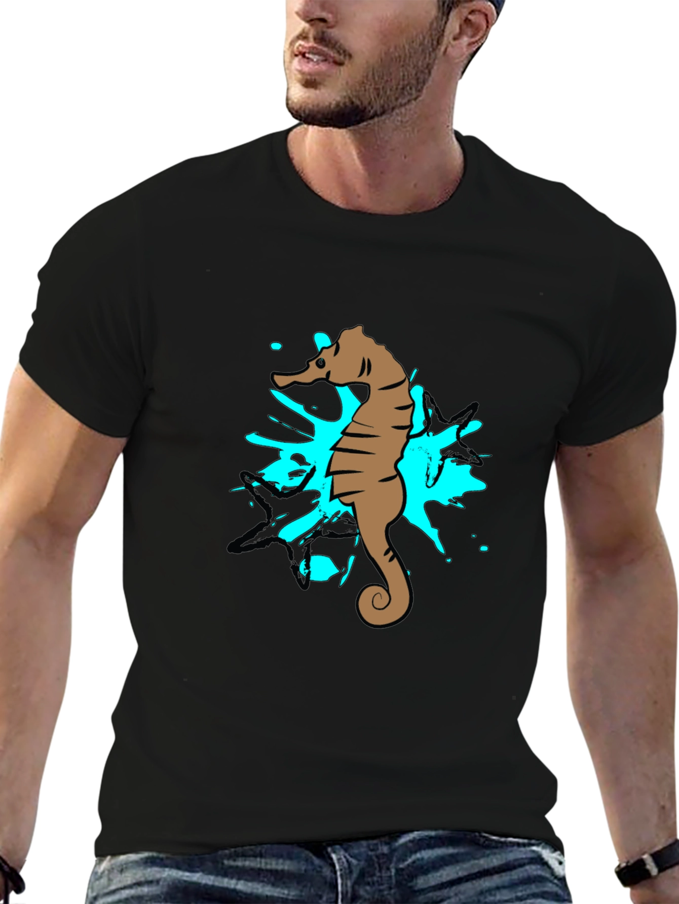 Seahorse Splash Graphic T-Shirt - Black Cotton Tee