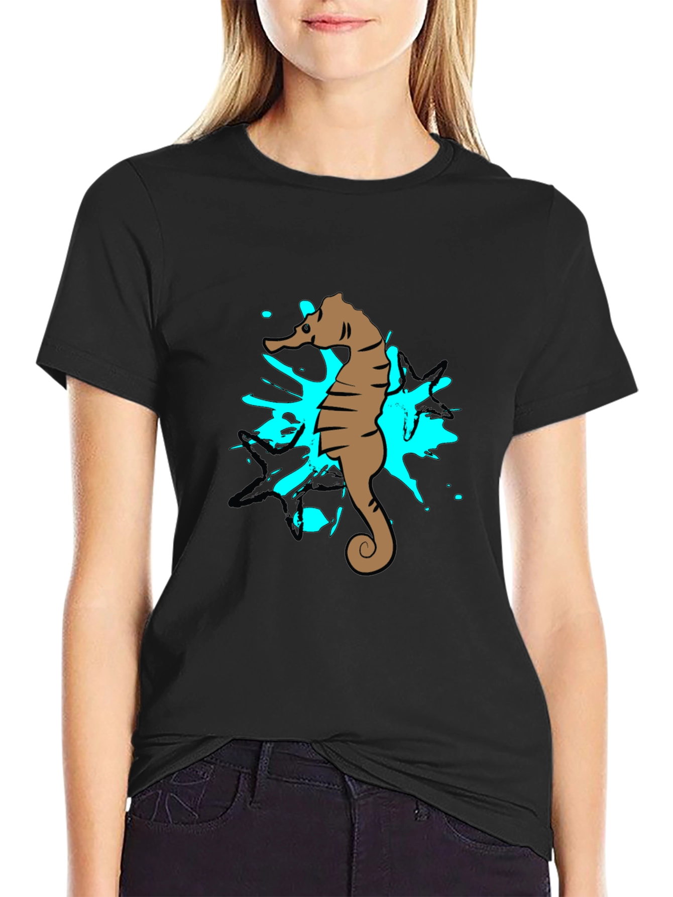 Seahorse Splash Graphic T-Shirt - Black Cotton Tee