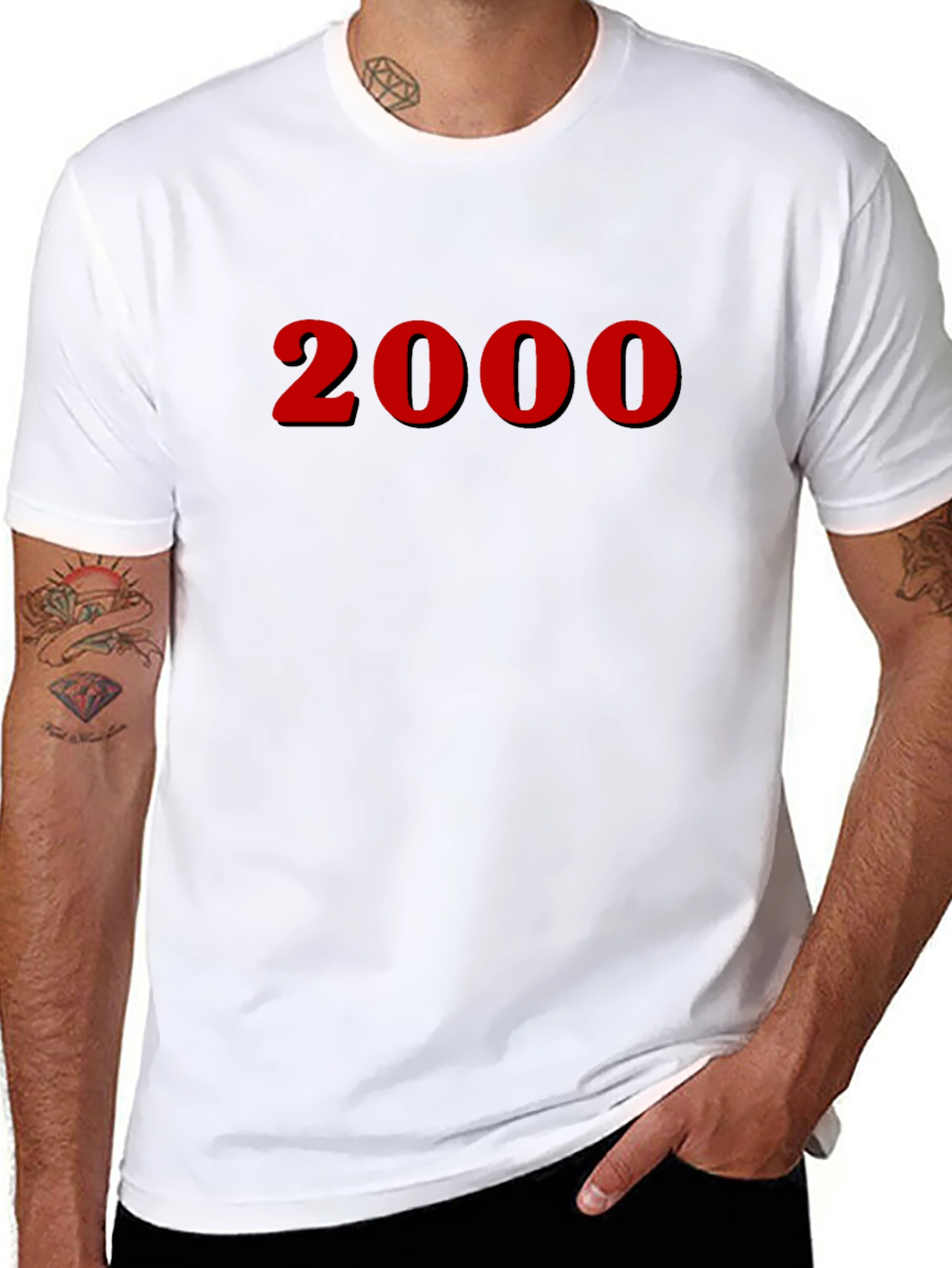 2000 Red Print Black Crew Neck T-Shirt