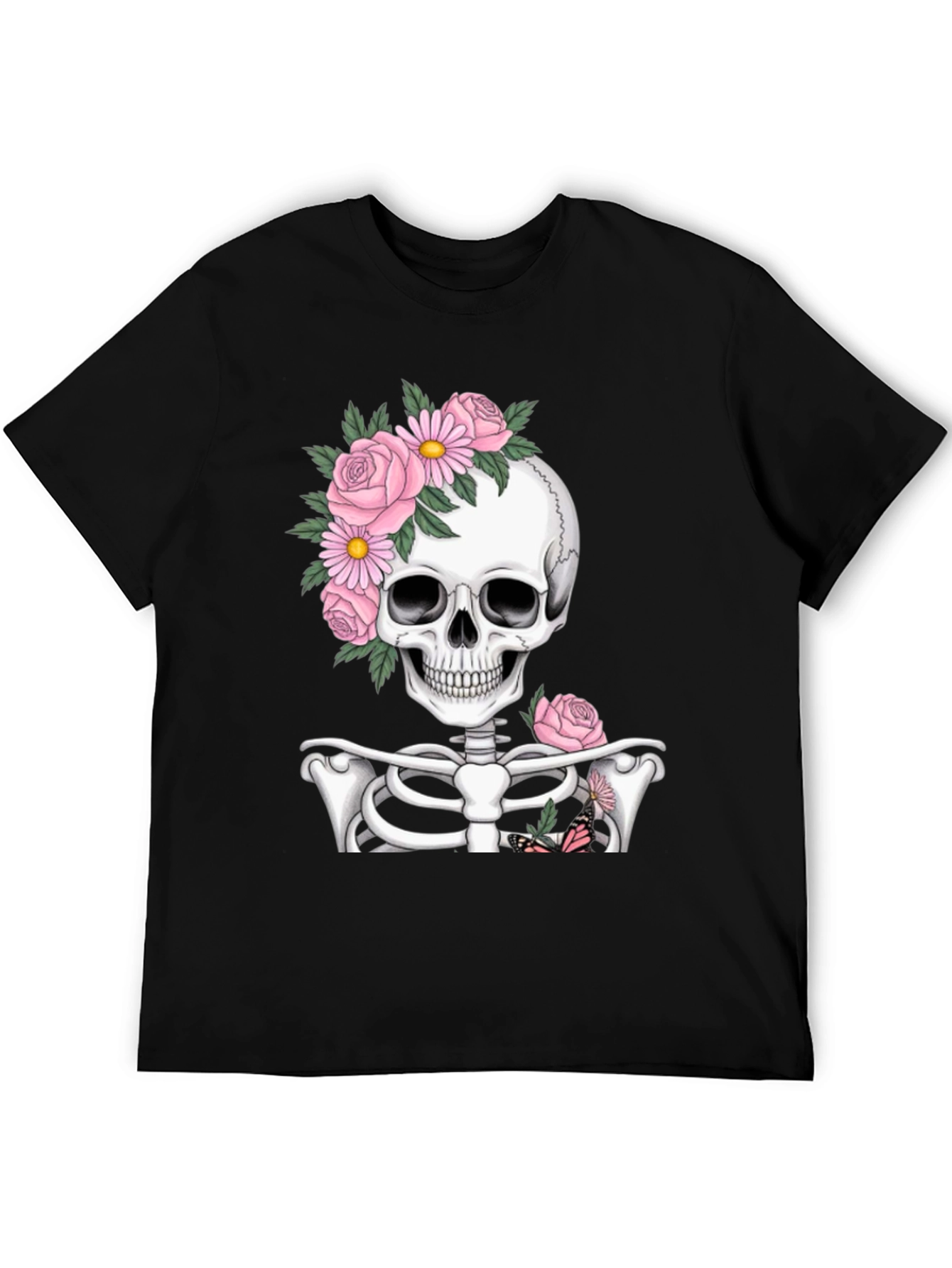 Floral Skull Graphic Print Black T-Shirt