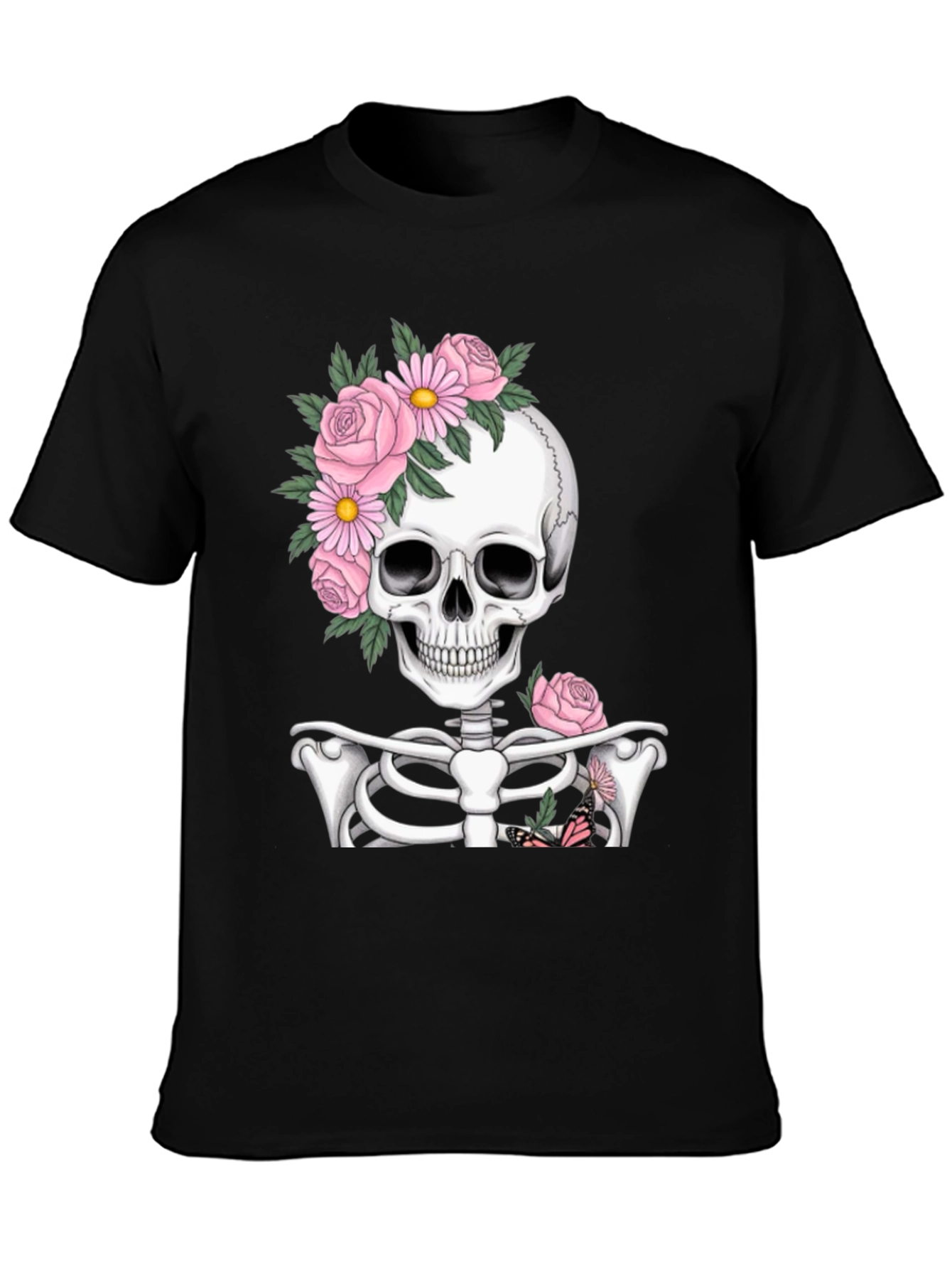 Floral Skull Graphic Print Black T-Shirt