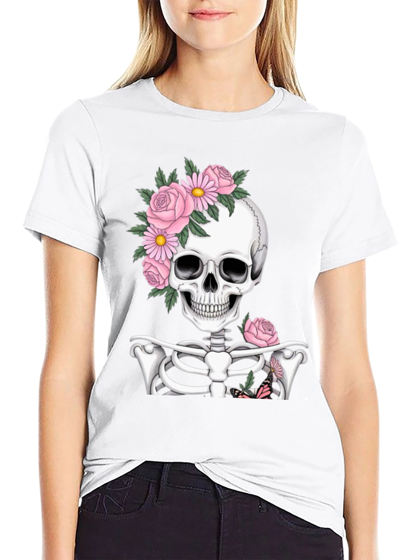 Floral Skull Graphic Print Black T-Shirt