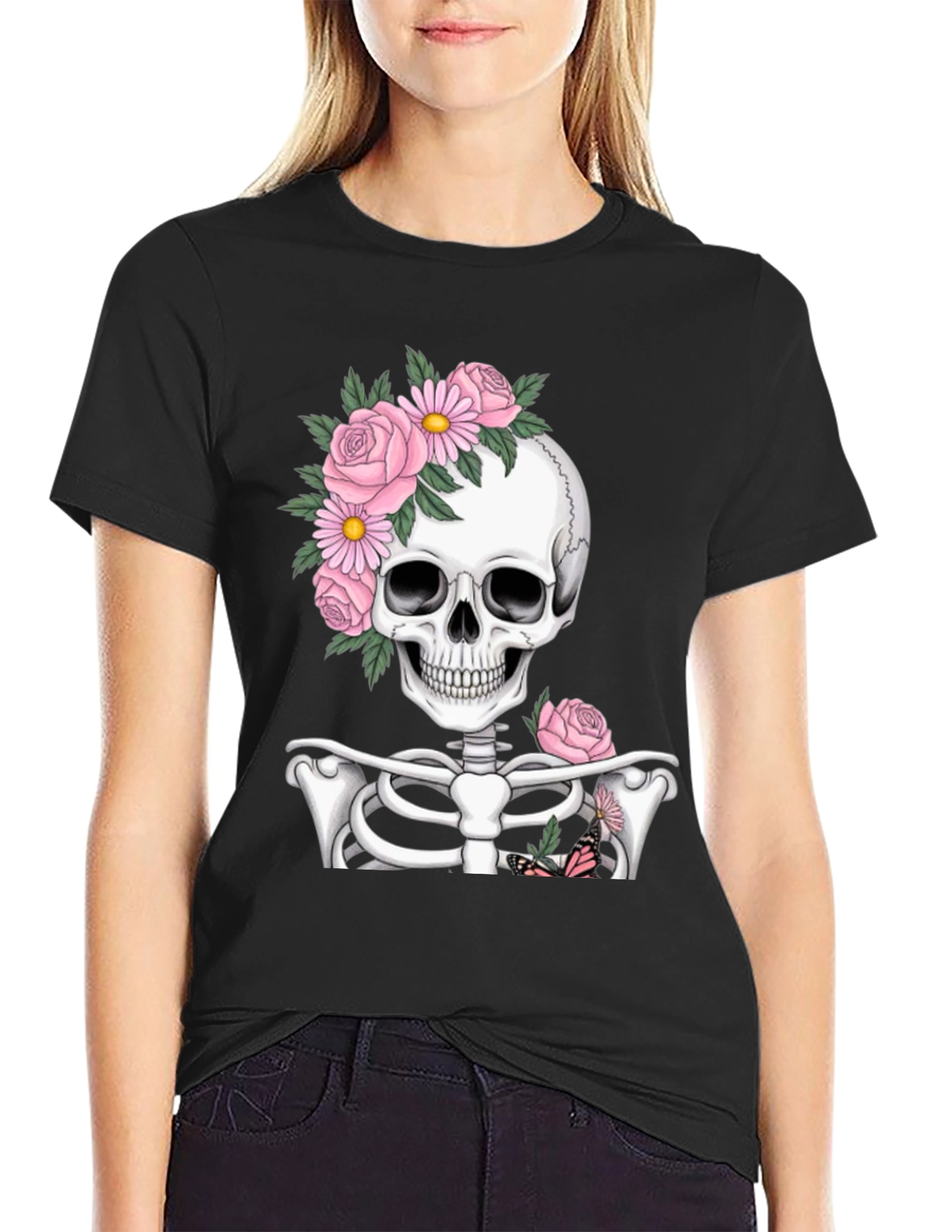 Floral Skull Graphic Print Black T-Shirt
