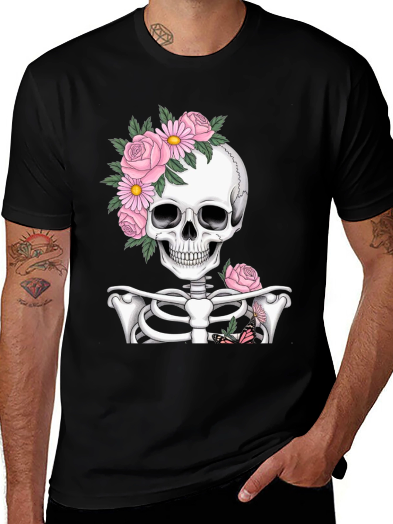 Floral Skull Graphic Print Black T-Shirt