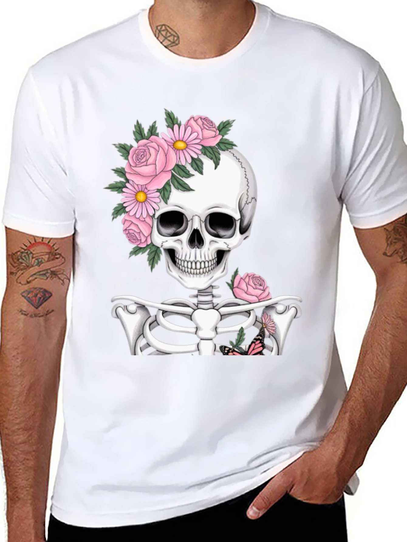 Floral Skull Graphic Print Black T-Shirt