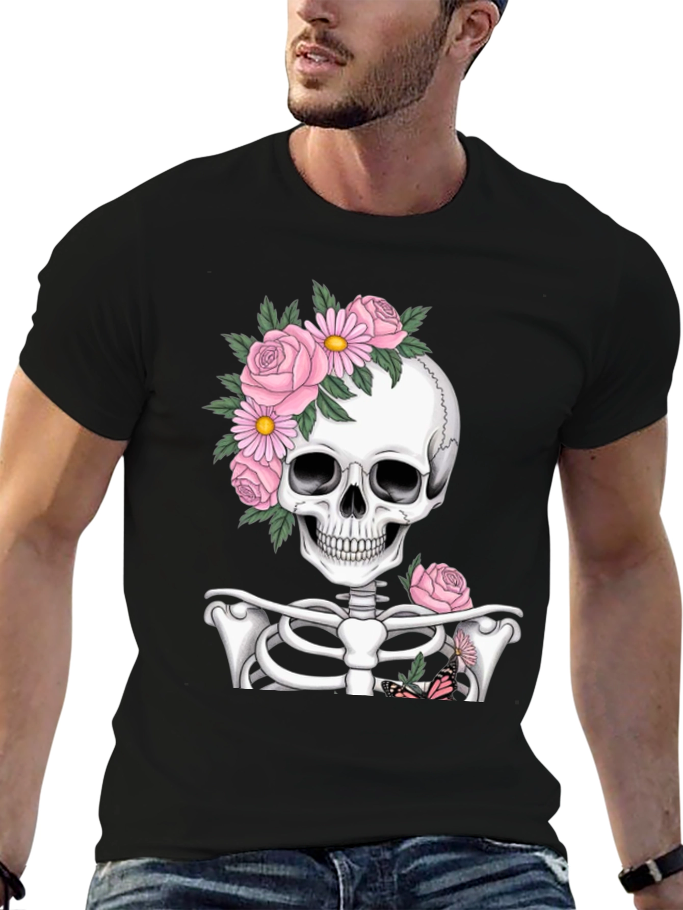 Floral Skull Graphic Print Black T-Shirt
