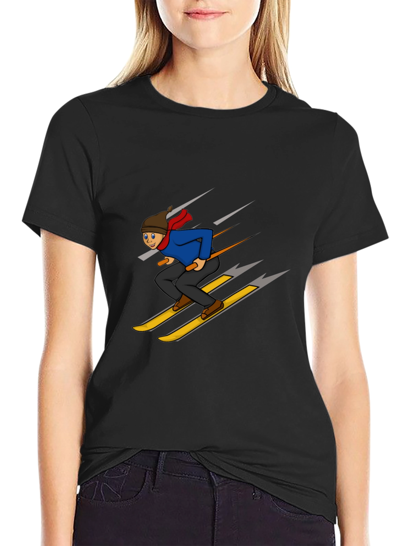 Cartoon Skier Graphic T-Shirt