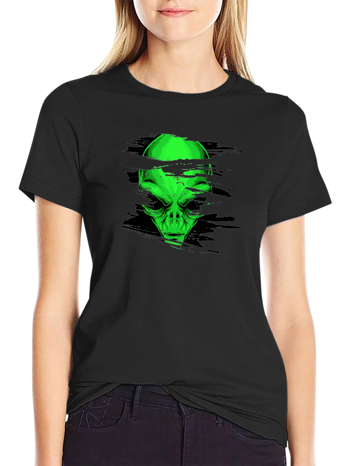 Alien Head Graphic Tee - Black Cotton T-Shirt