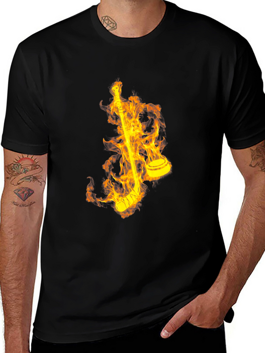 Flaming Hockey Stick Graphic Tee - Cool Black Shirt