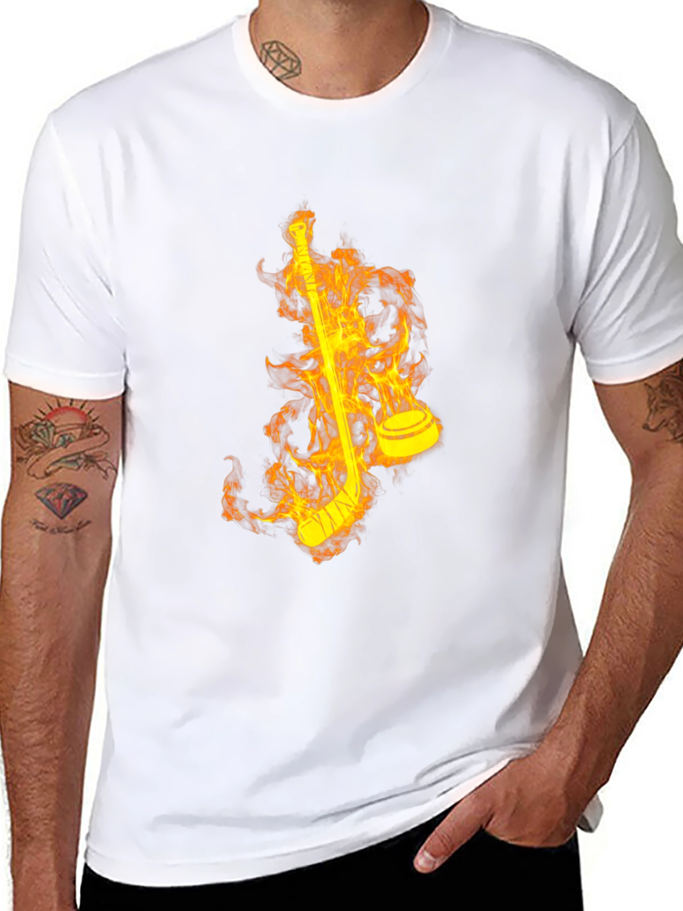 Flaming Hockey Stick Graphic Tee - Cool Black Shirt